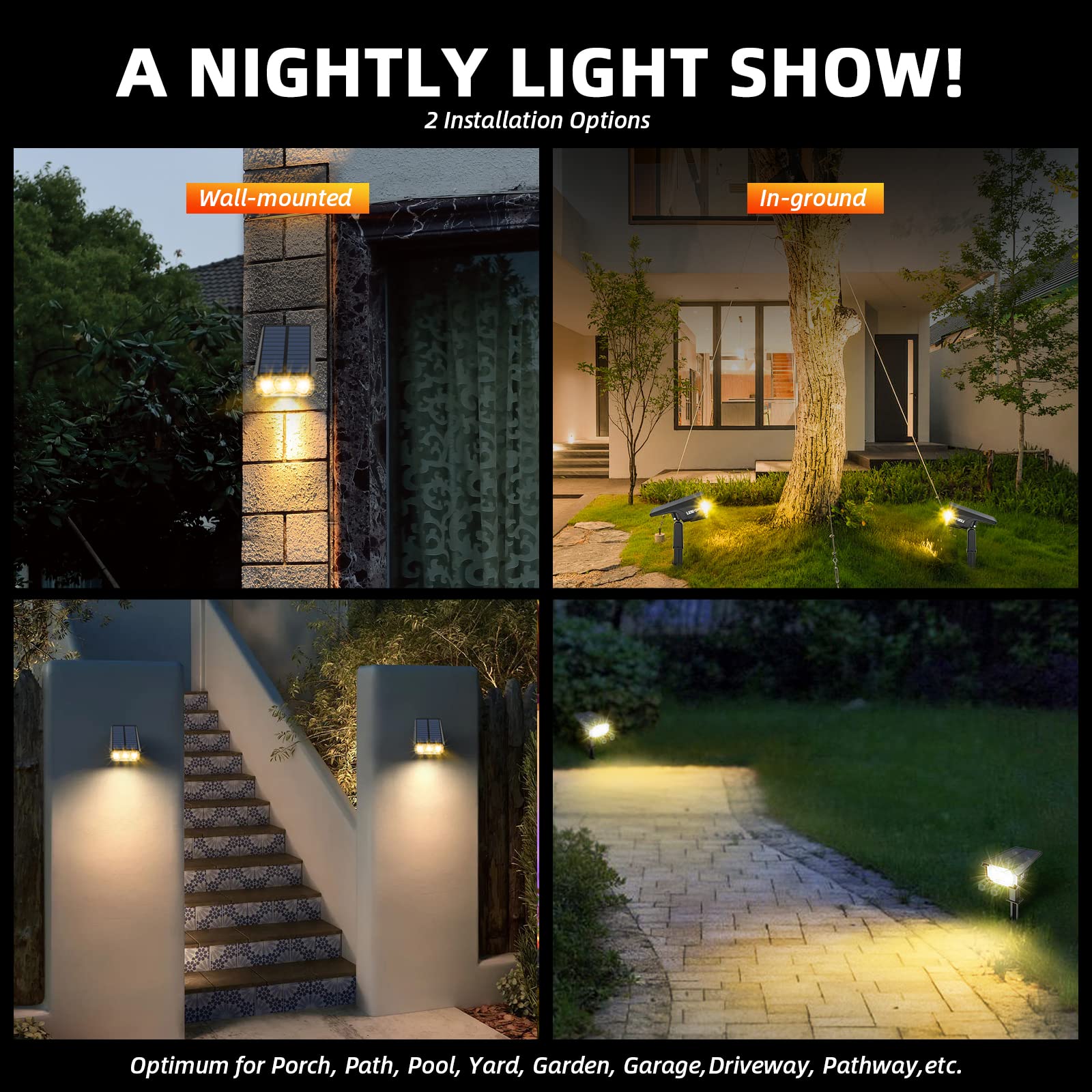 LEREKAM Solar Outdoor Lights, 40 LEDs, 3 Brightness Modes, 360° Adjustable, Warm White, 8 Pack, Model C2, Waterproof
