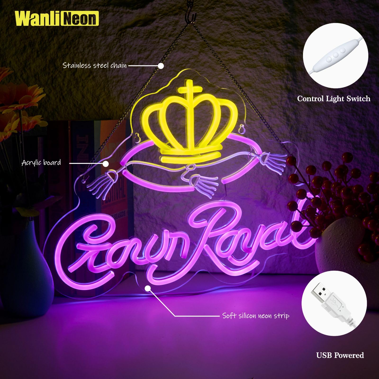 Crown Neon Sign For Bar Wall Decor, Royal Beer Lights Signs Whiskey Led Sign For Bar Man Cave Bedroom Home Bar Shop Pub Bistro Party Hotel Game Room Decor Gifts, Usb Powered