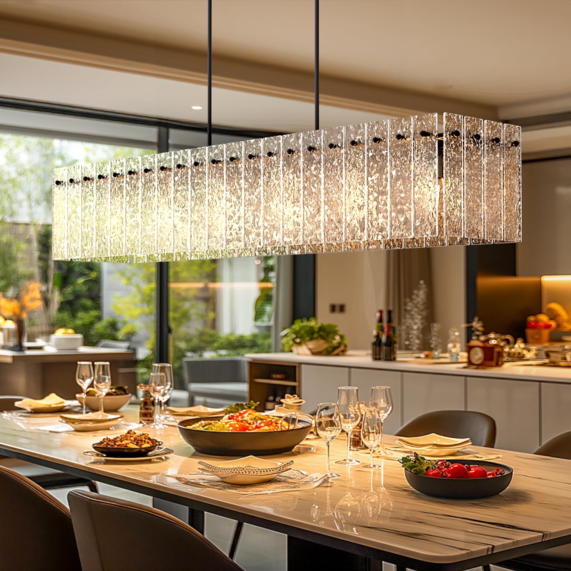 Danshinro 4FT Black Chandelier for Dining Room, Linear Crystal Design, Metal, Clear Black, Model L22, 6 Bulbs Max 60W (Not Included)