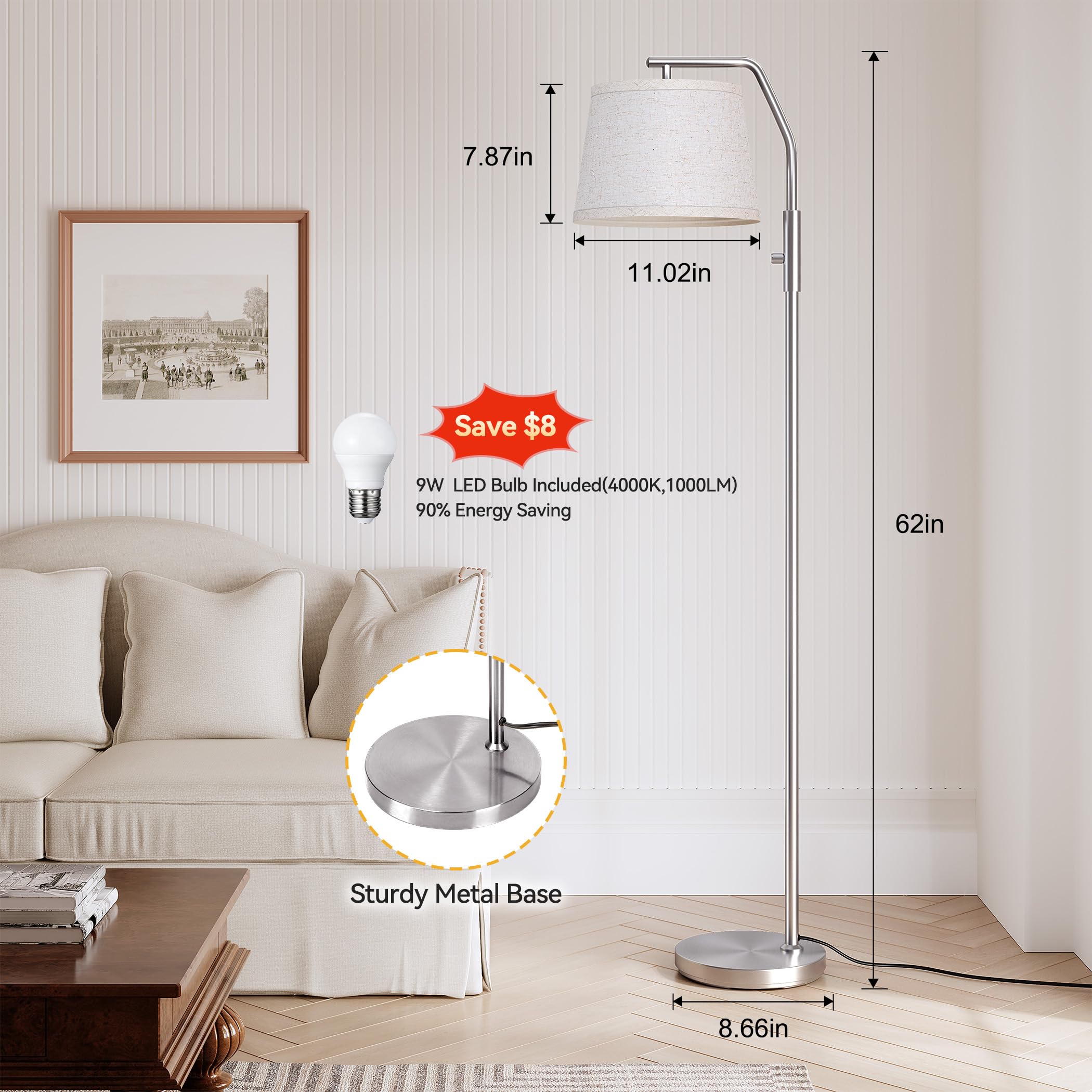 SUNMORY Floor Lamp with Dimmable 9W Bulb, Adjustable Head, Metal, Tall, Nickel, Model SR000148