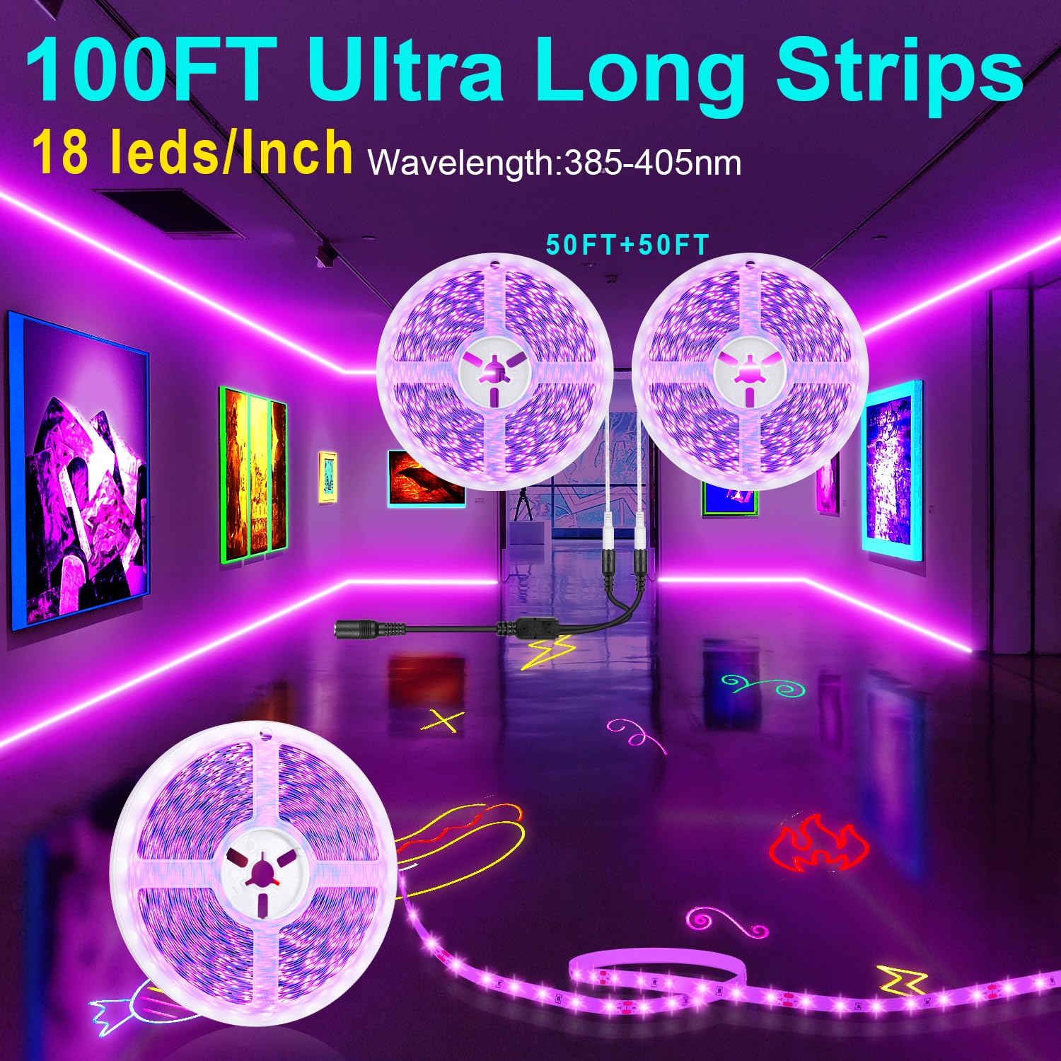 Tendist 100Ft Black Light Led Strip App Control, Black Light For Glow Party With Remote, Smart Purple Neon Blacklight Strip Adhe