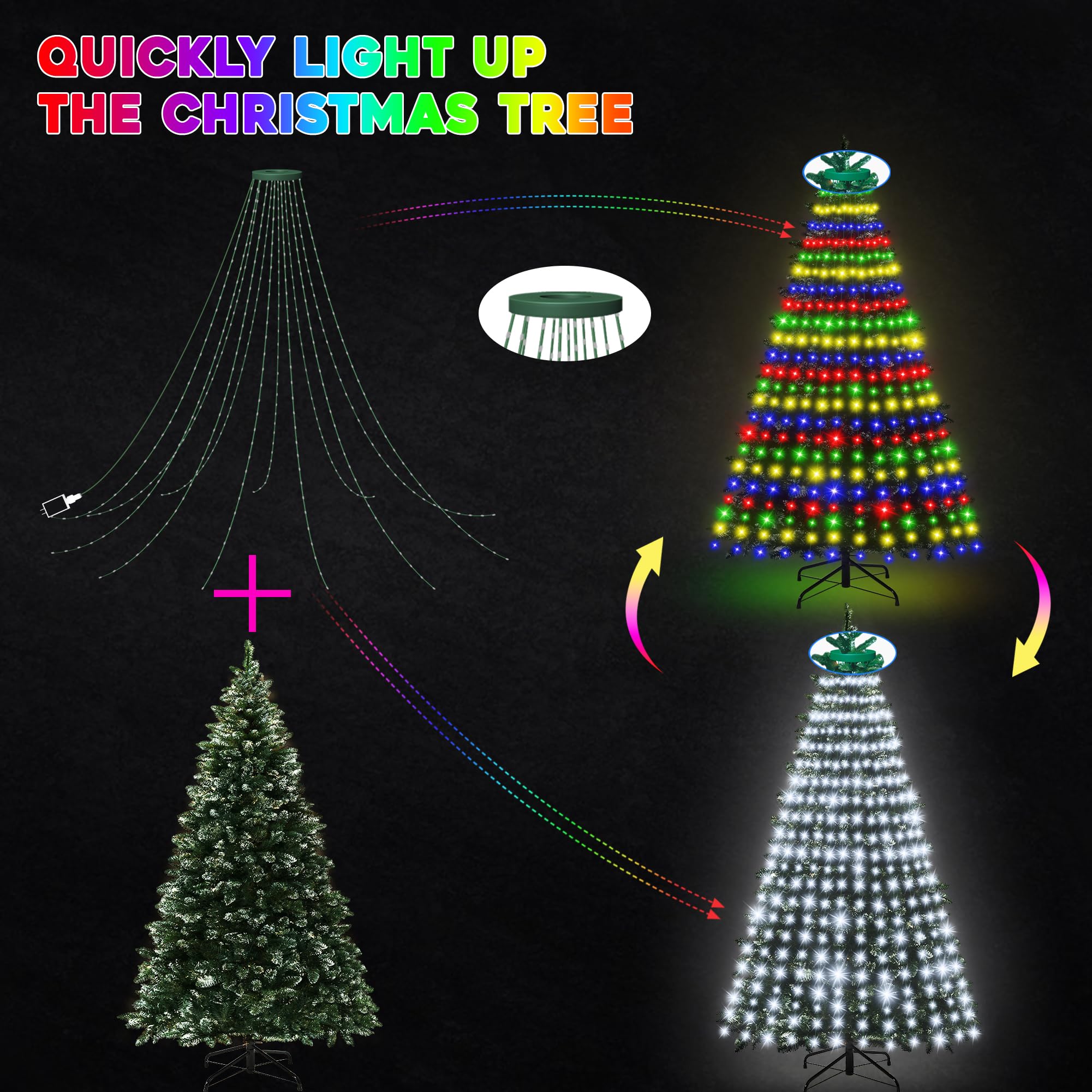 30+ Modes Ring Christmas Tree Lights Indoor Outdoor - 7.5Ft X 12 Lines 336 Led Easy App Control Color Changing Timer Remote Waterproof For 6 7 Ft Xmas Trees (Cool White To Multicolor)