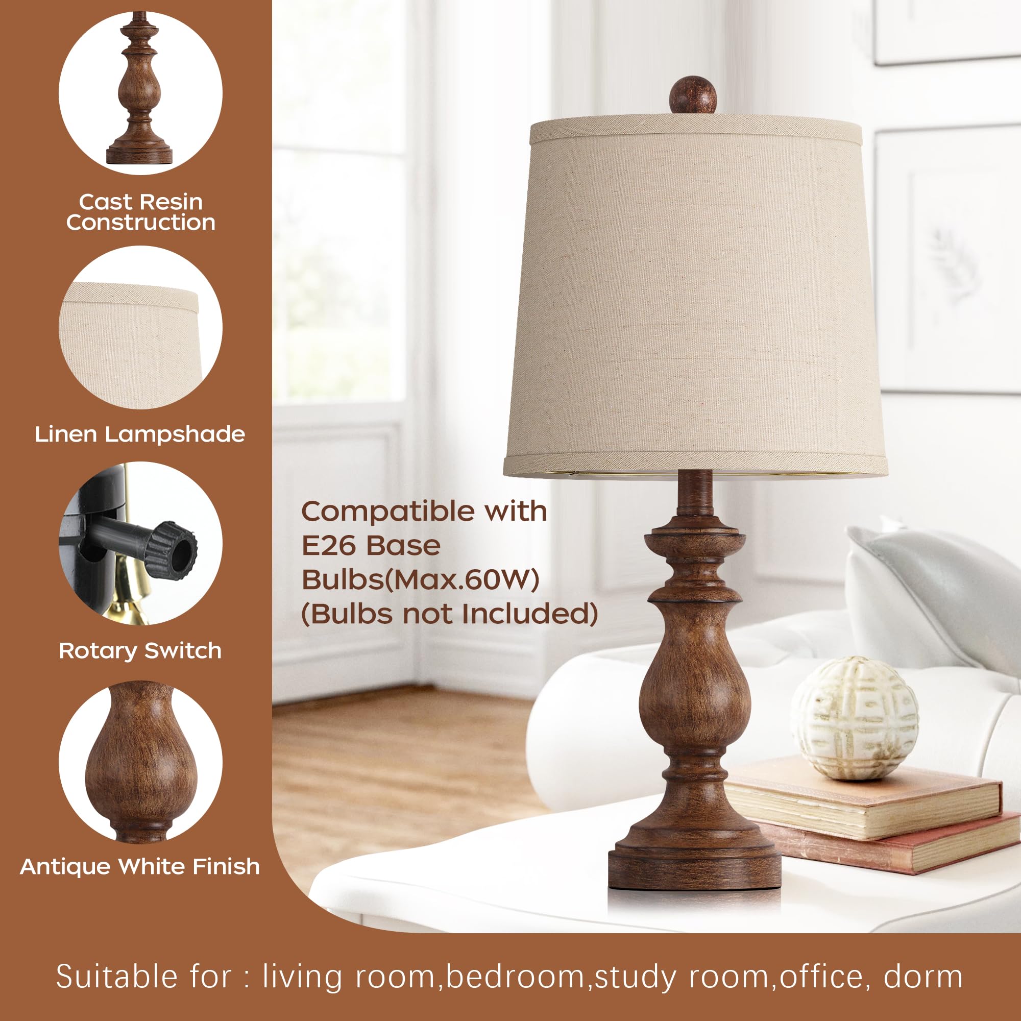 PARTPHONER Traditional Table Lamp Set of 2, 22in Bedside Desk Lamps, Rustic Wood Grain, Linen Shades, Model STR-DL-0004