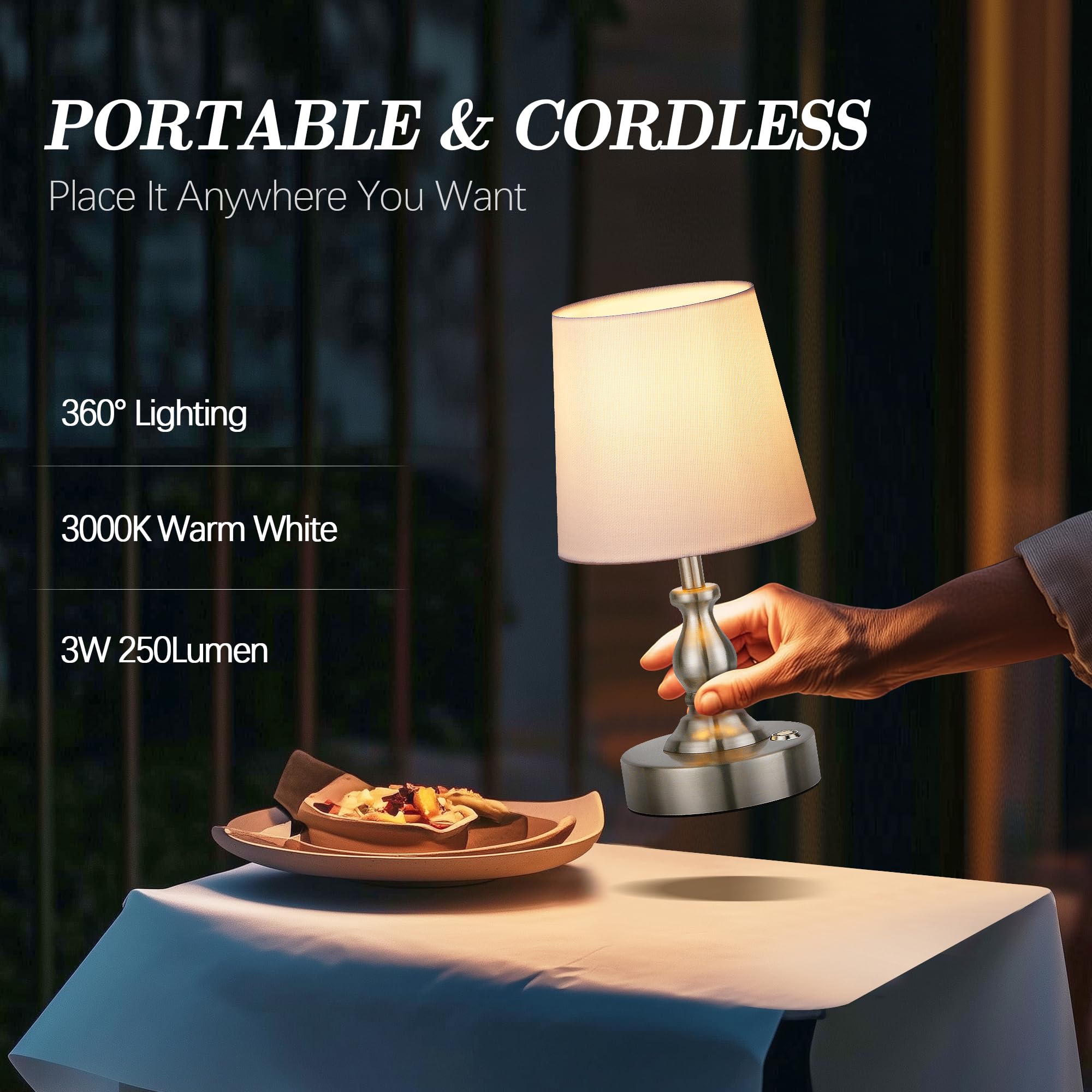 PARTPHONER Mini Cordless LED Table Lamp, 5200mAh Rechargeable, 3-Level Brightness, Touch Dimmable, Brushed Nickel, Model STR-LP-TL001
