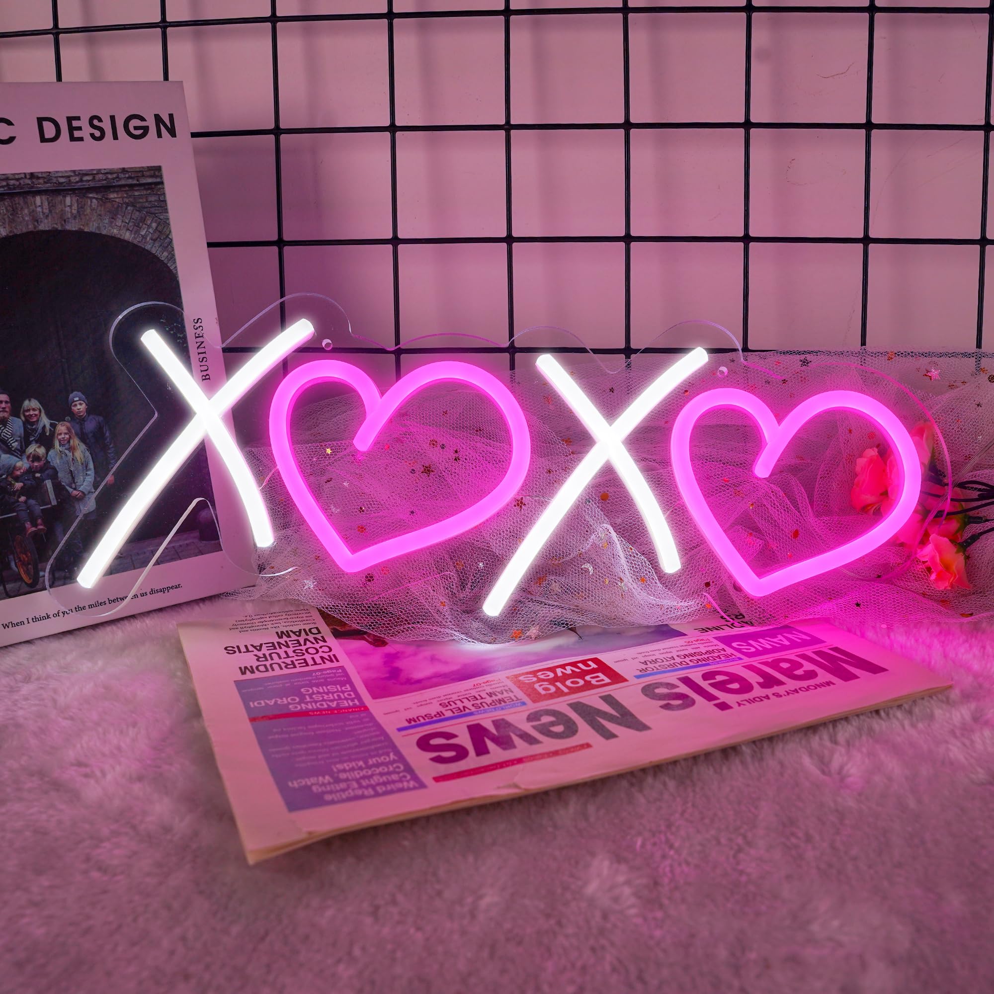 Aslanka XOXO Neon Sign, LED Light for Home Decor, Dimmable USB Powered, 15.75in x 5.91in, White Pink XOXO Model