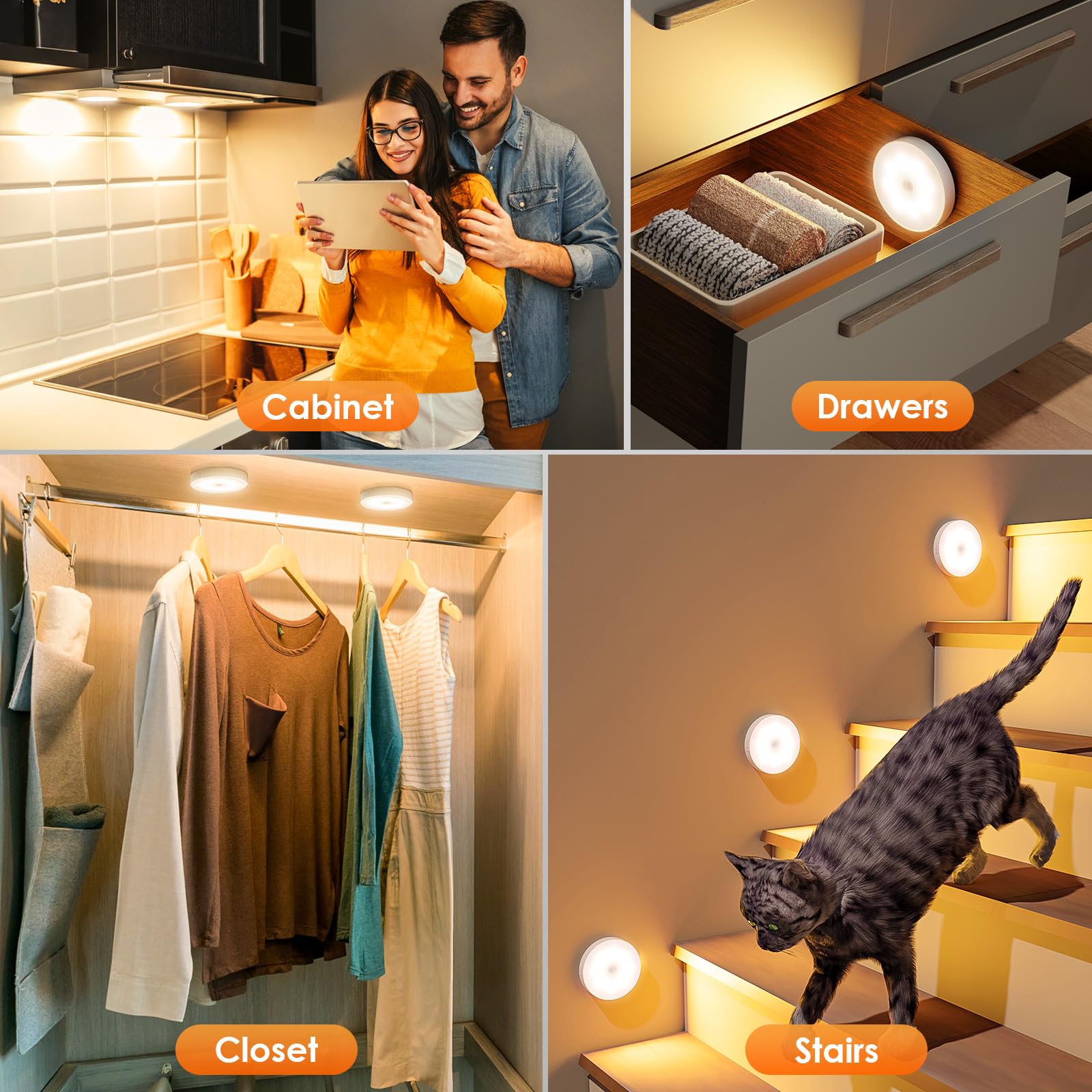 YLXS Motion Sensor Puck Light, Wireless Dimmable Under Cabinet Lighting, 8 Pack, Warm White, Rechargeable, Magnetic