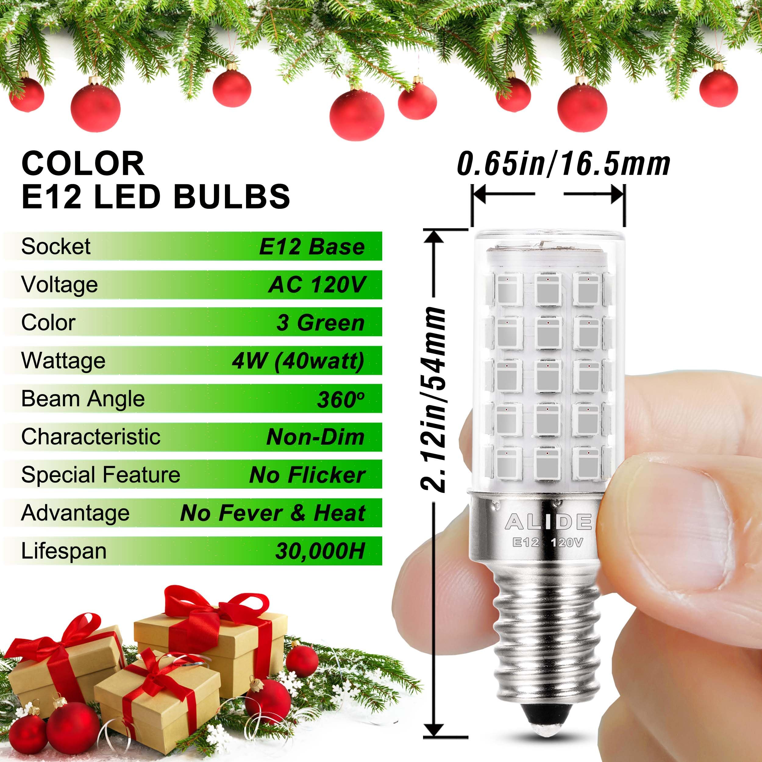 ALIDE E12 LED Candle Bulb, 4W Green Light, 40W Equivalent, Small Base C7 T6, 3-Pack for Christmas & Home Decoration