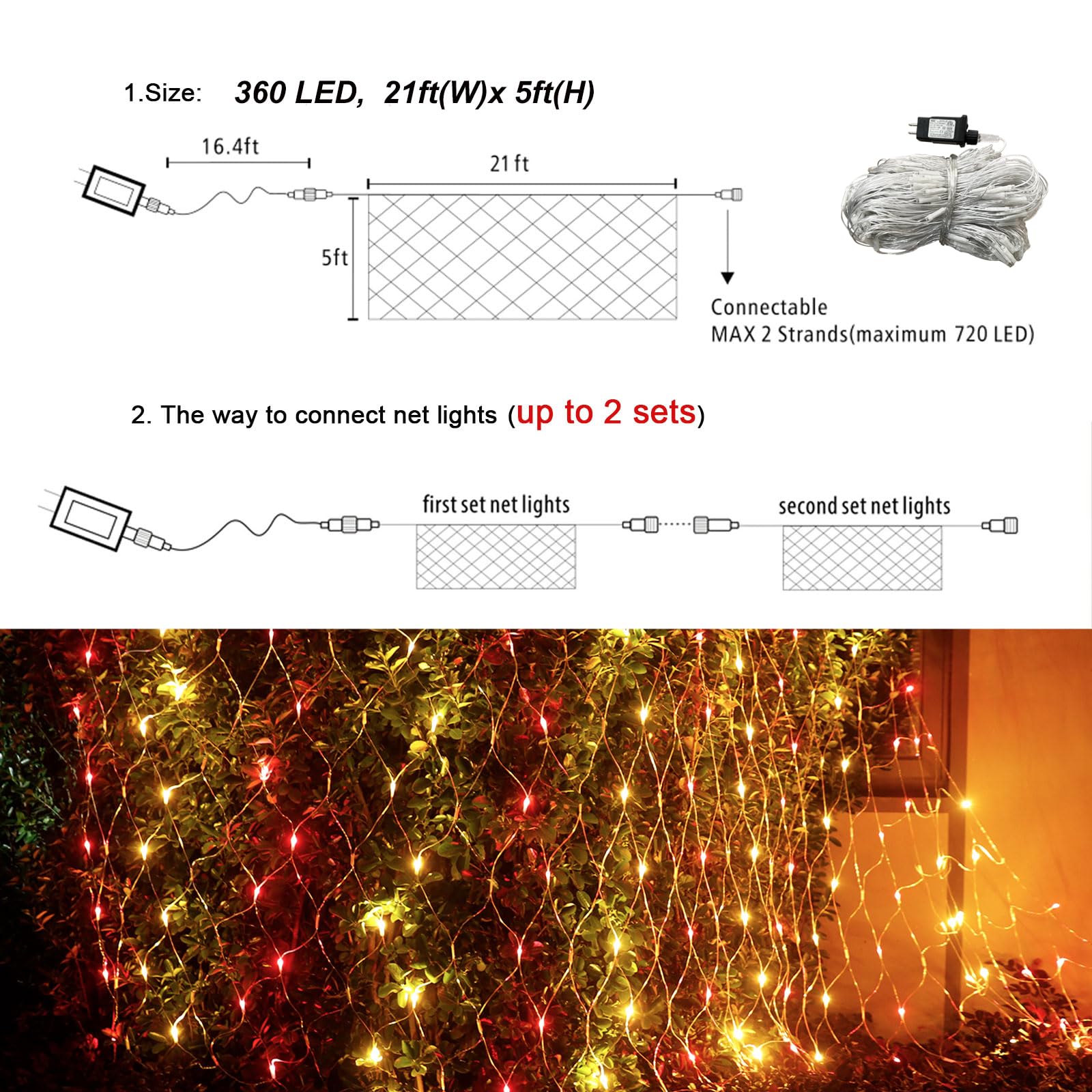 Lovelite 360 Led Net Lights, 21Ft X 5Ft Colorful Christmas Mesh Lights Clear Wire 8 Modes, Connectable Waterproof String Lights