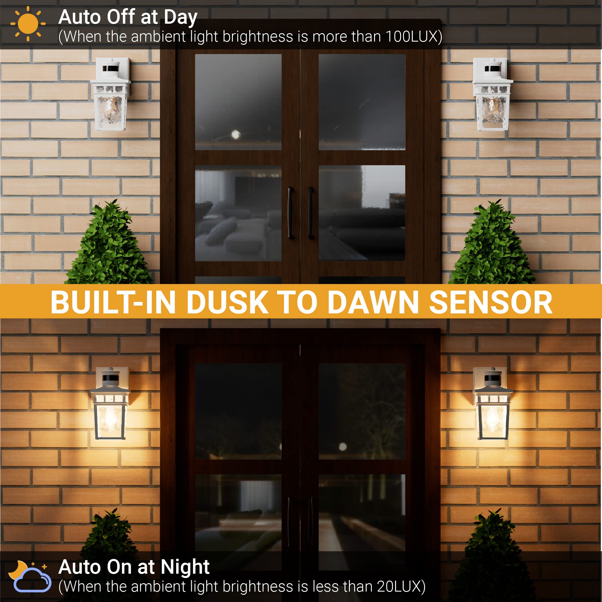 VIOAOEAFA Porch Light Outdoor - Dusk to Dawn Motion Sensor, GFCI Outlet, White, Aluminum, 1 Pack, Model D2206-B03