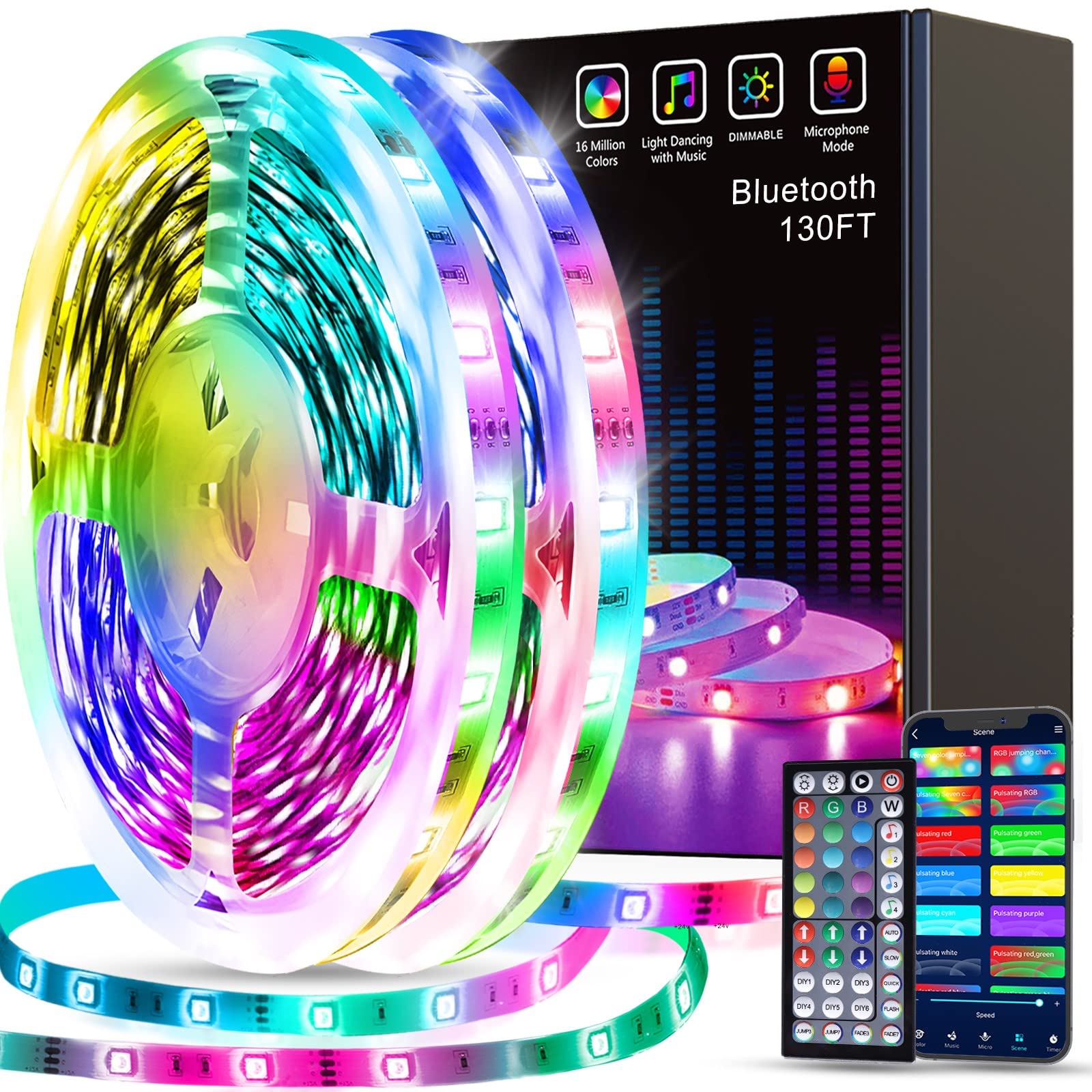 Tenmiro Led Strip Lights 130Ft (2 Rolls Of 65Ft) Smart Light Strips With App Control Rgb Led Lights For Bedroom