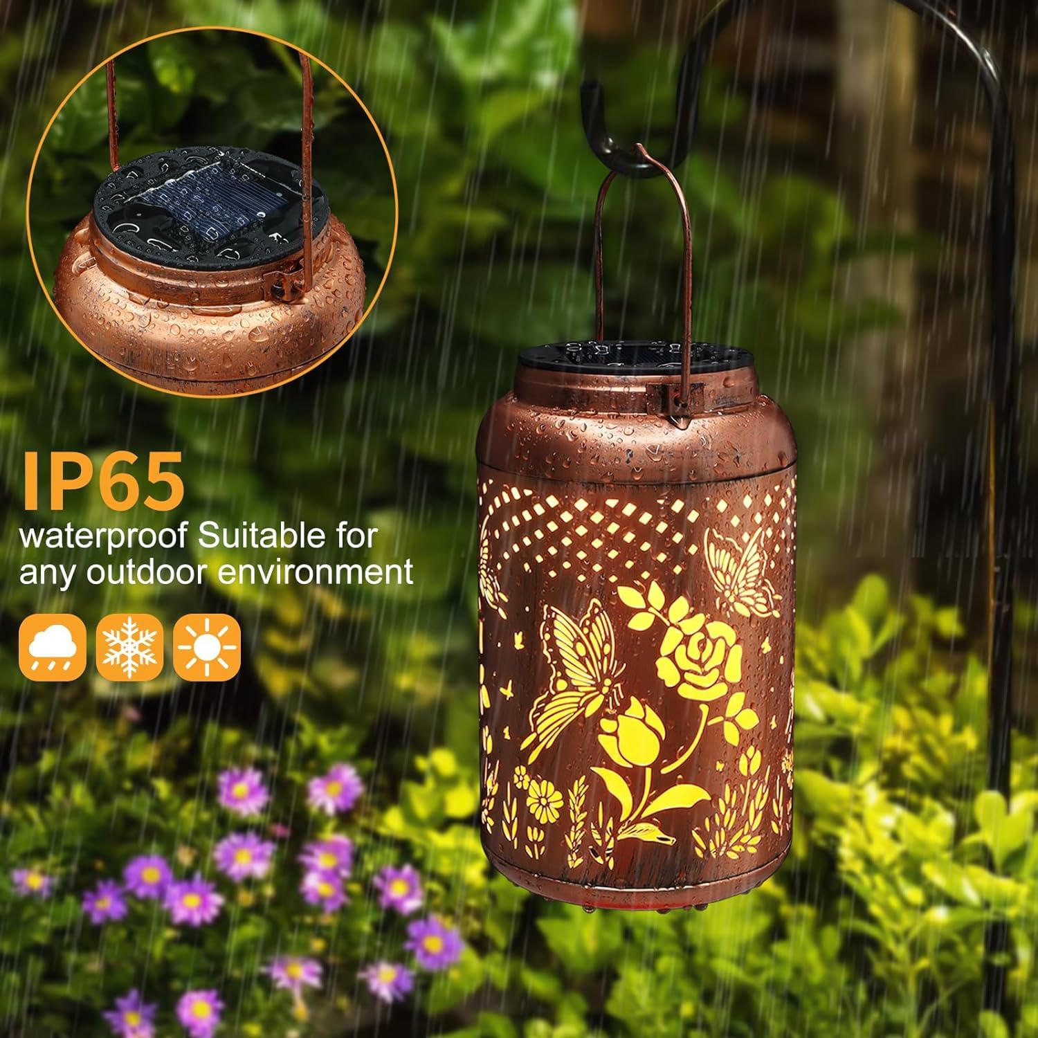Tepaken Rose Butterfly Decoration Solar Lanterns Outdoor Waterproof Garden Decor Gifts For Women Mon Grandma Metal Hanging Solar Lights For Outside Led Lanterns For Yard, Patio