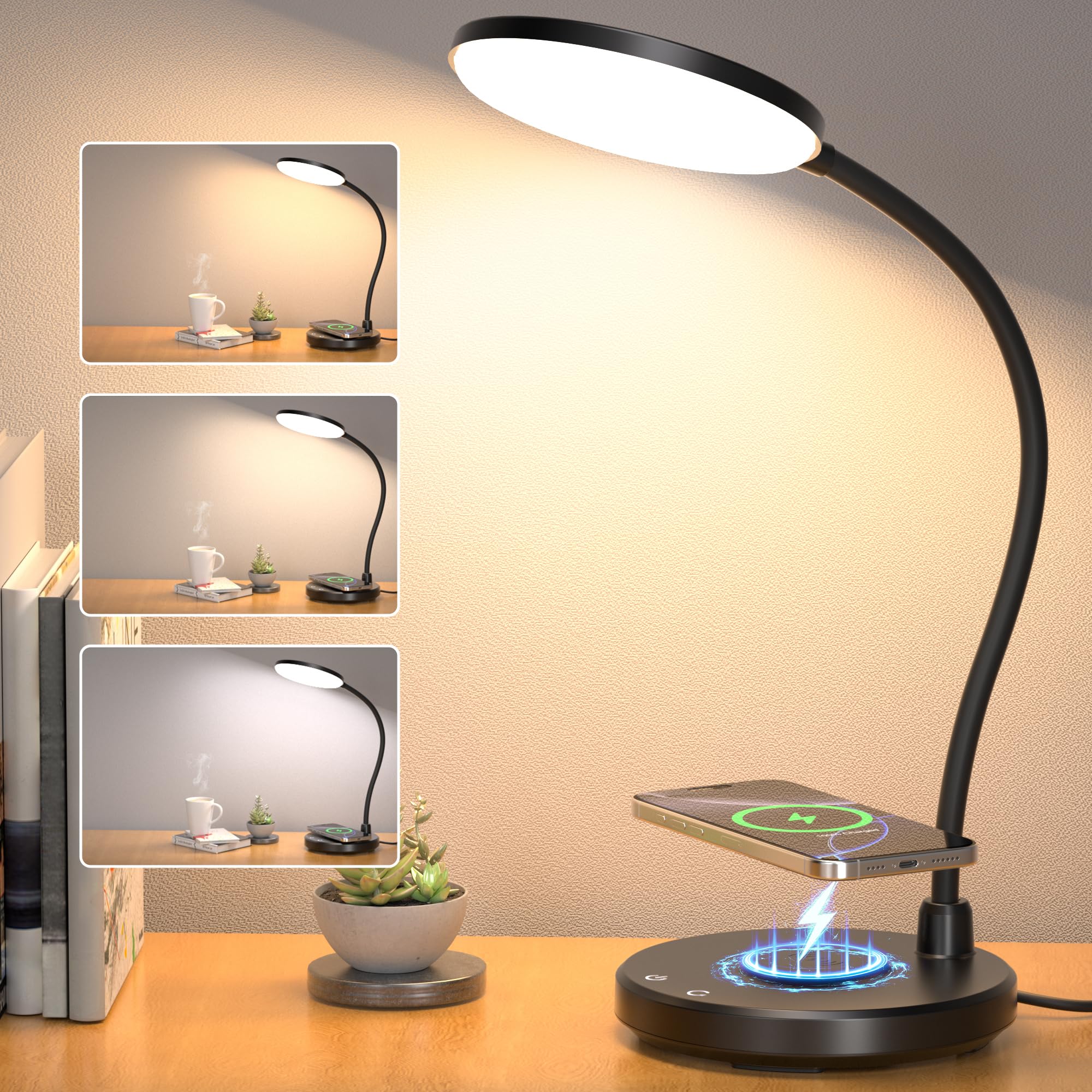 Sailstar Desk Lamp for Home Office, Small Desk Lamp with Wireless Charger, Dimmable 3 Color Modes Study Lamp, Adjustable Neck 80