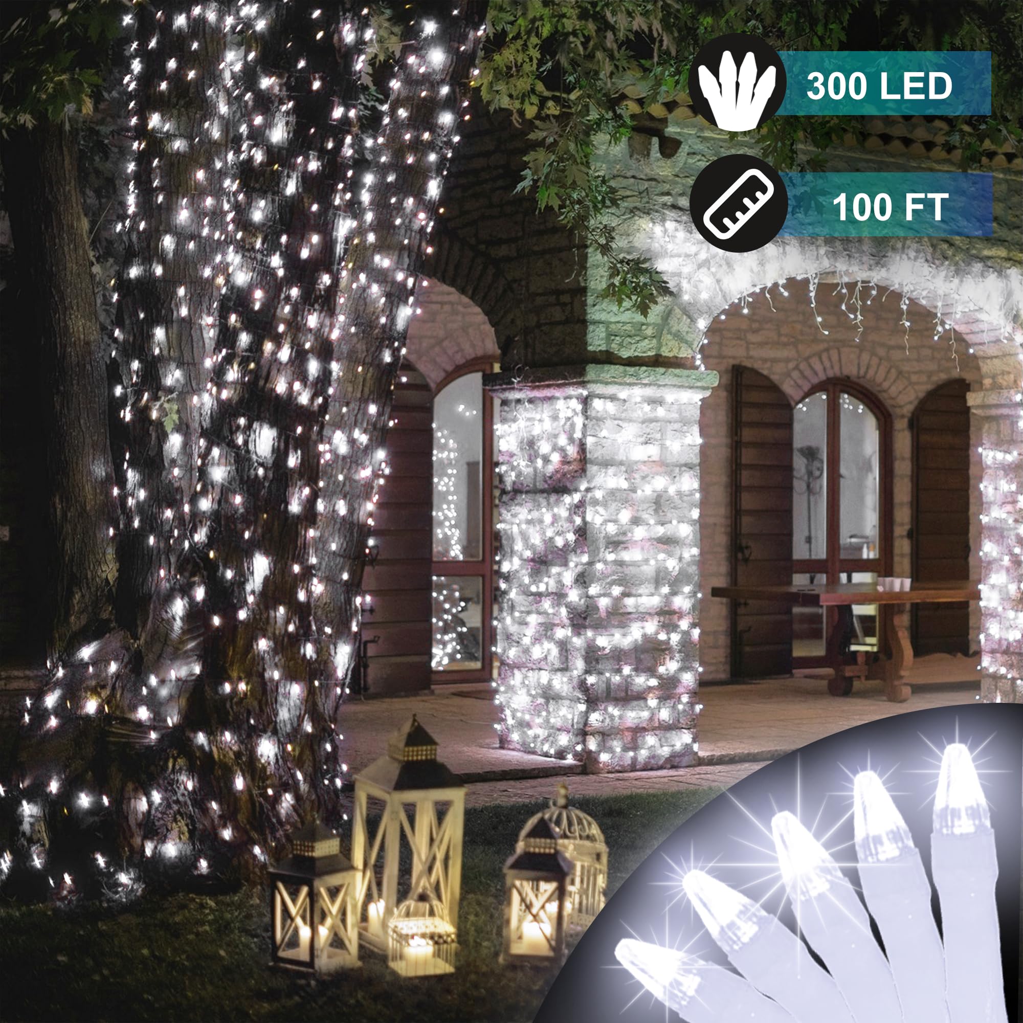 HRANBOTY 100 FT 300 LED String Lights, Cool White, 8 Modes, Connectable, Timer & Memory for Indoor/Outdoor Decor