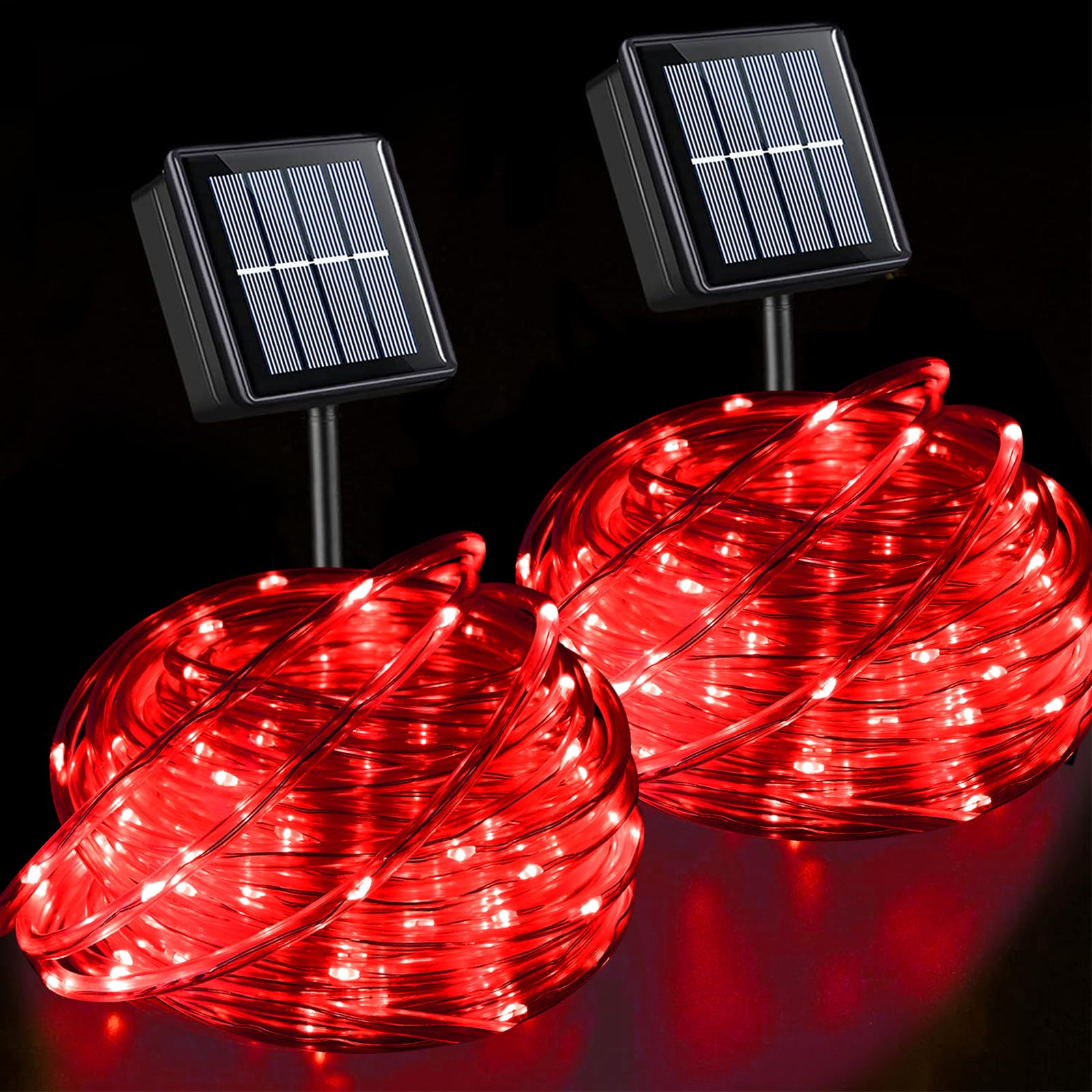 QITONG Red Solar Rope Lights, 2 Pack Each 33ft 100 Led Solar String Lights, 8 Modes Clear PVC Tube Rope Lights Outside for Garde