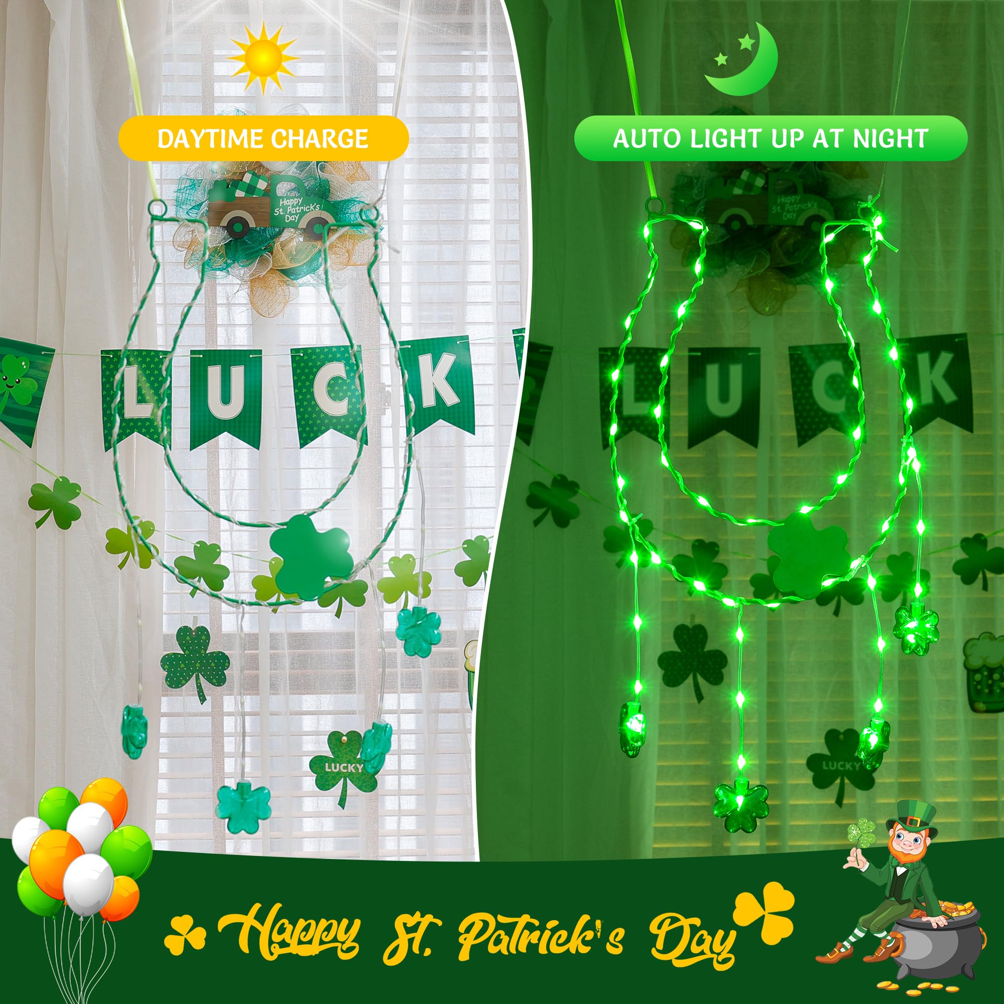 Youngar St Patricks Day Solar Lights, Horseshoe Window Lights,11.6In 59Led Shamrock Green Iron Frame Silhouette Lights,Hanging 8