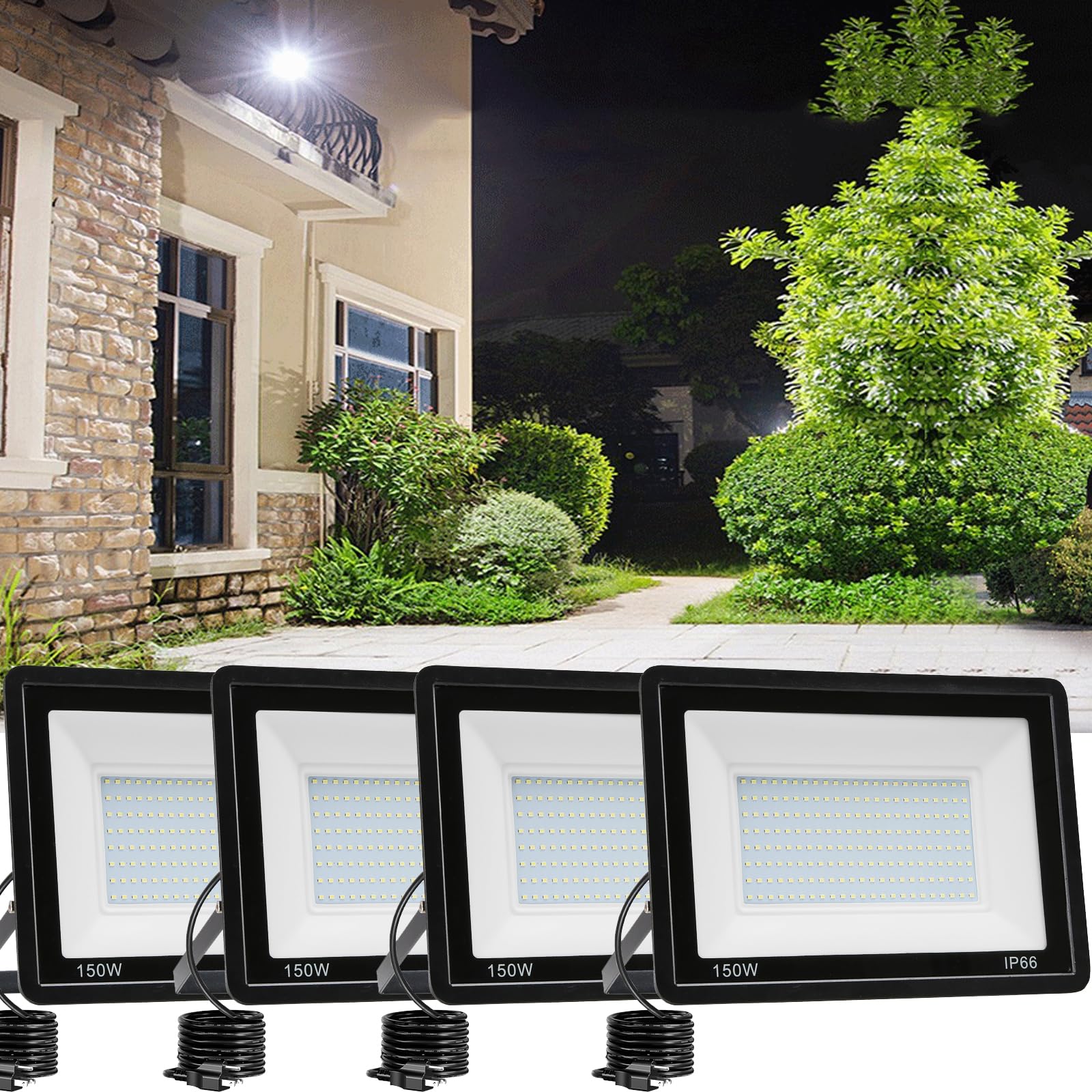 QIYEKA 4 Pack 150W LED Flood Light Outdoor,15000LM Work Spotlight with US Plug,6500K Daylight White,IP66 Waterproof Exterior Sec