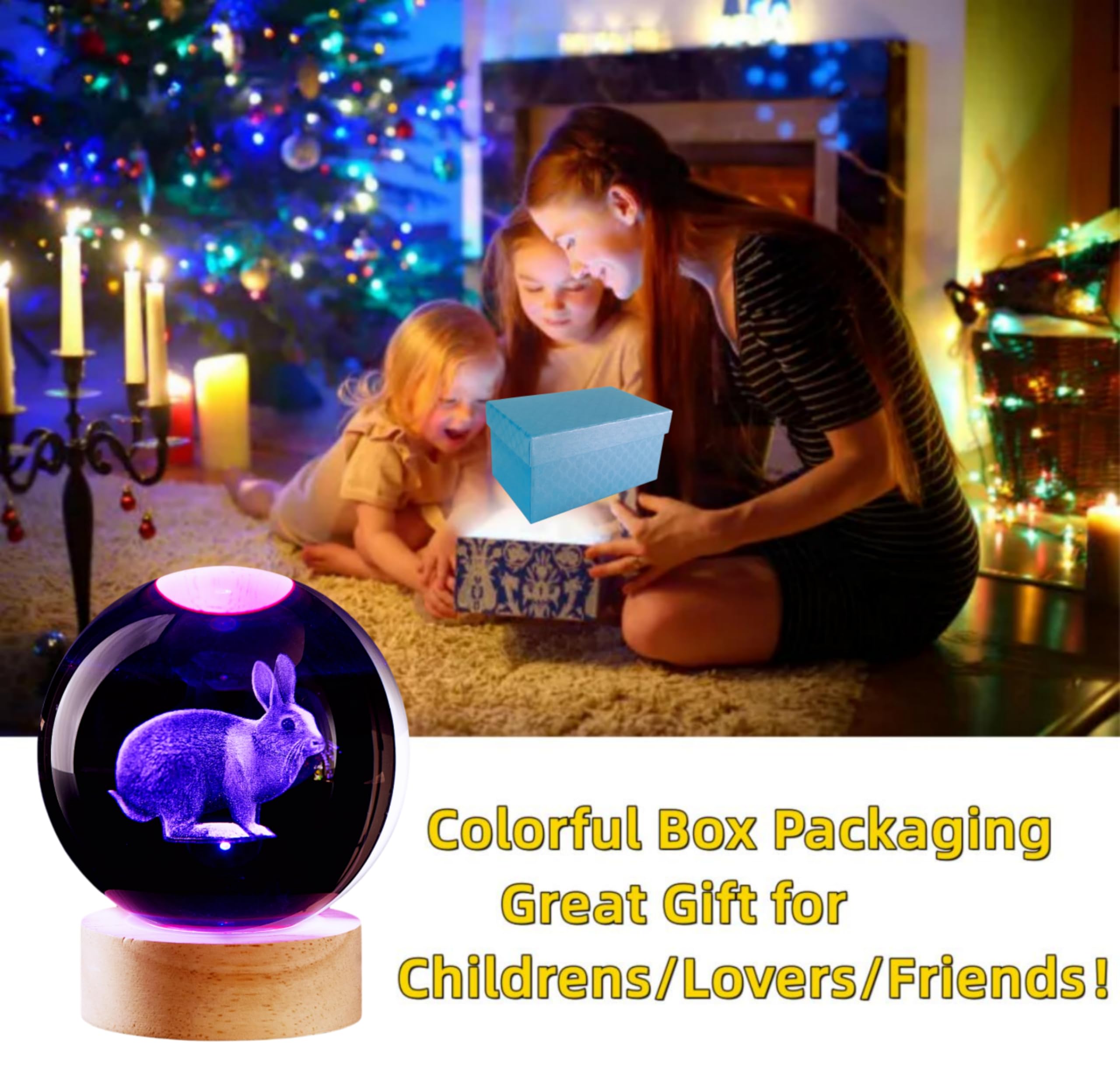 Conalisk 3D Crystal Ball Lamp - LED Rabbit, 16 Color Changing, Dimmable Remote Control