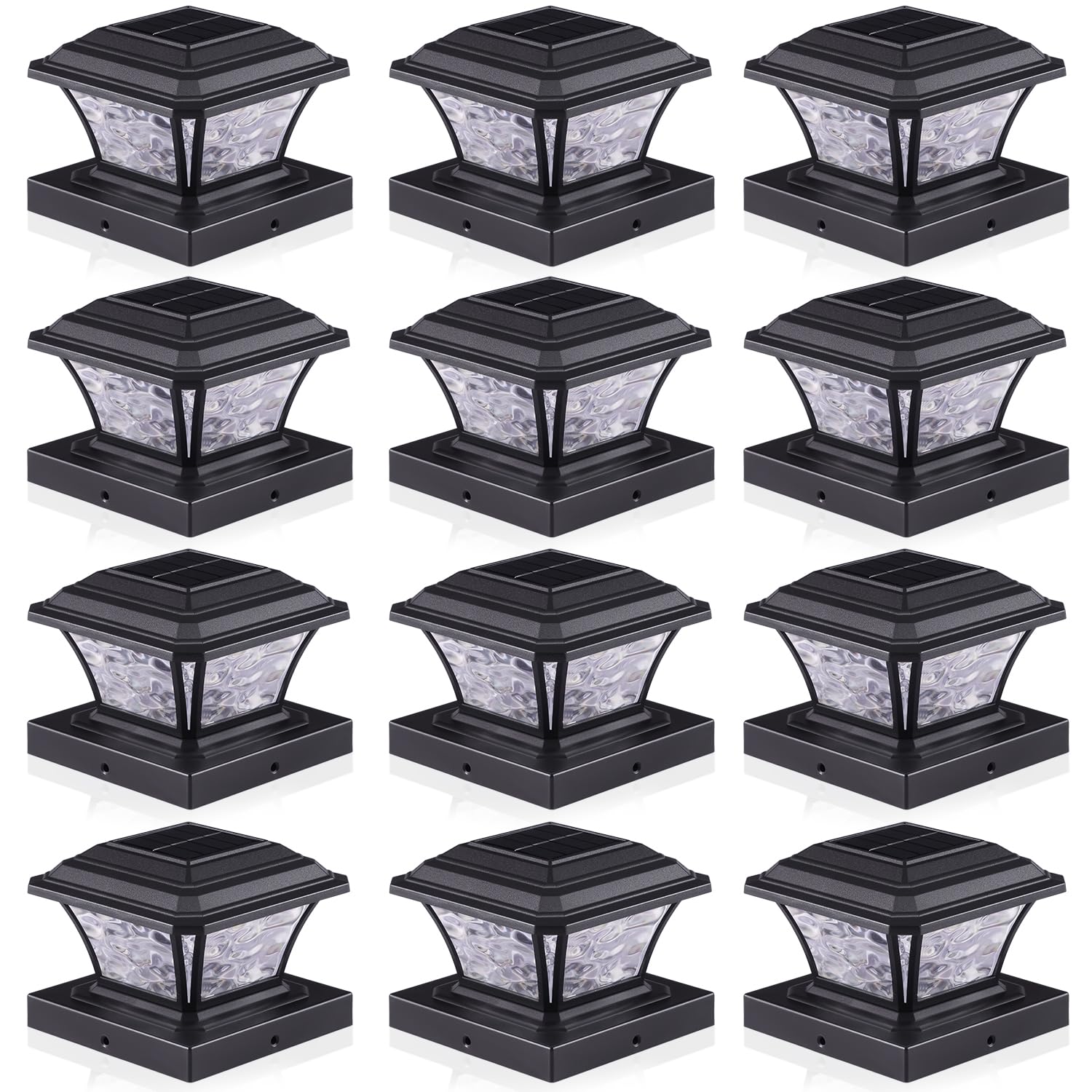 AEFRELEOHT Solar Post Cap Lights, 20 Lumens, RGB & Warm White, 12 Pack, Black, Model SL1880, IP65 Waterproof, Fits 3.5