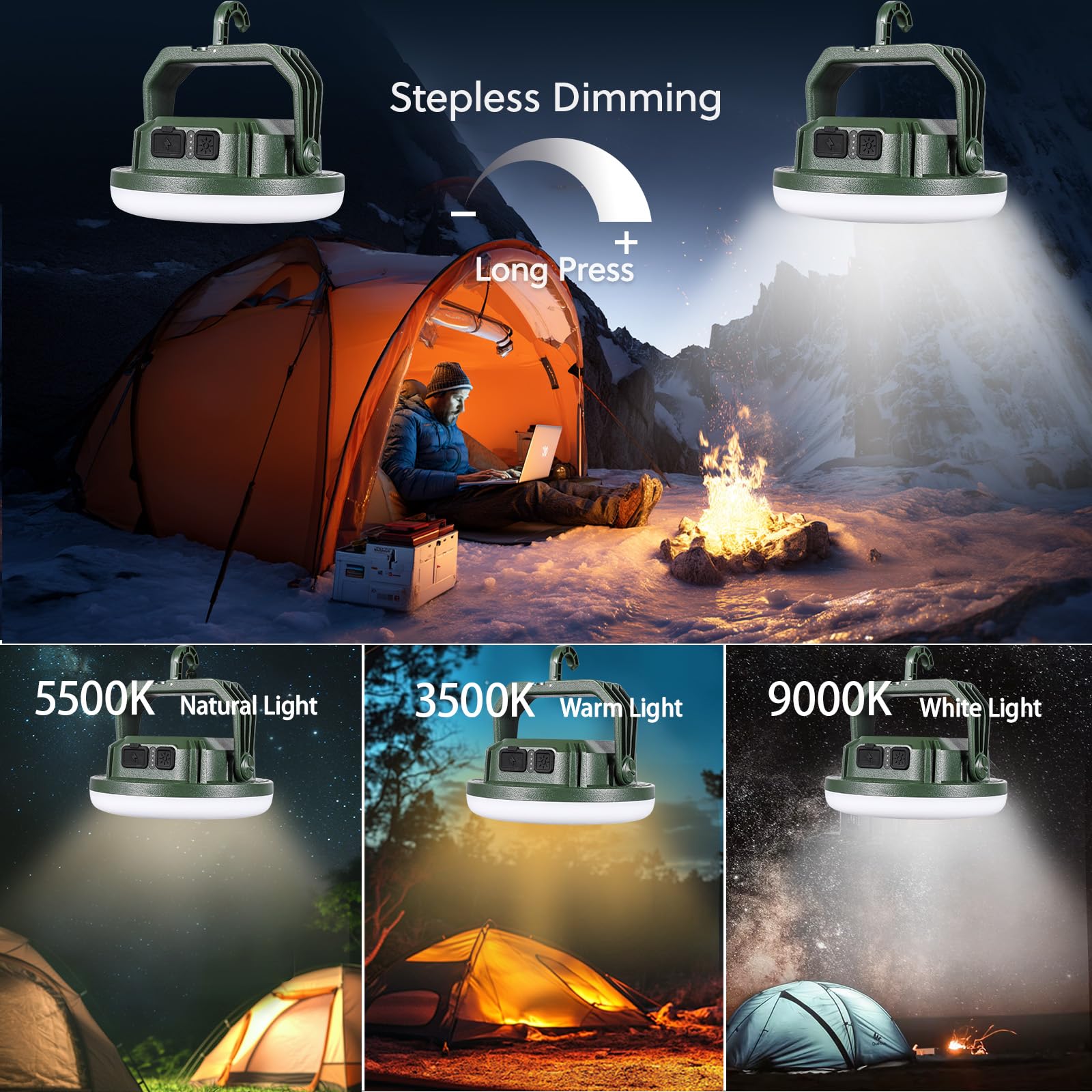 VAVOFO LED Camping Lantern 15,000mAh 4000LM Rechargeable IP65 Waterproof Green KM-FD01