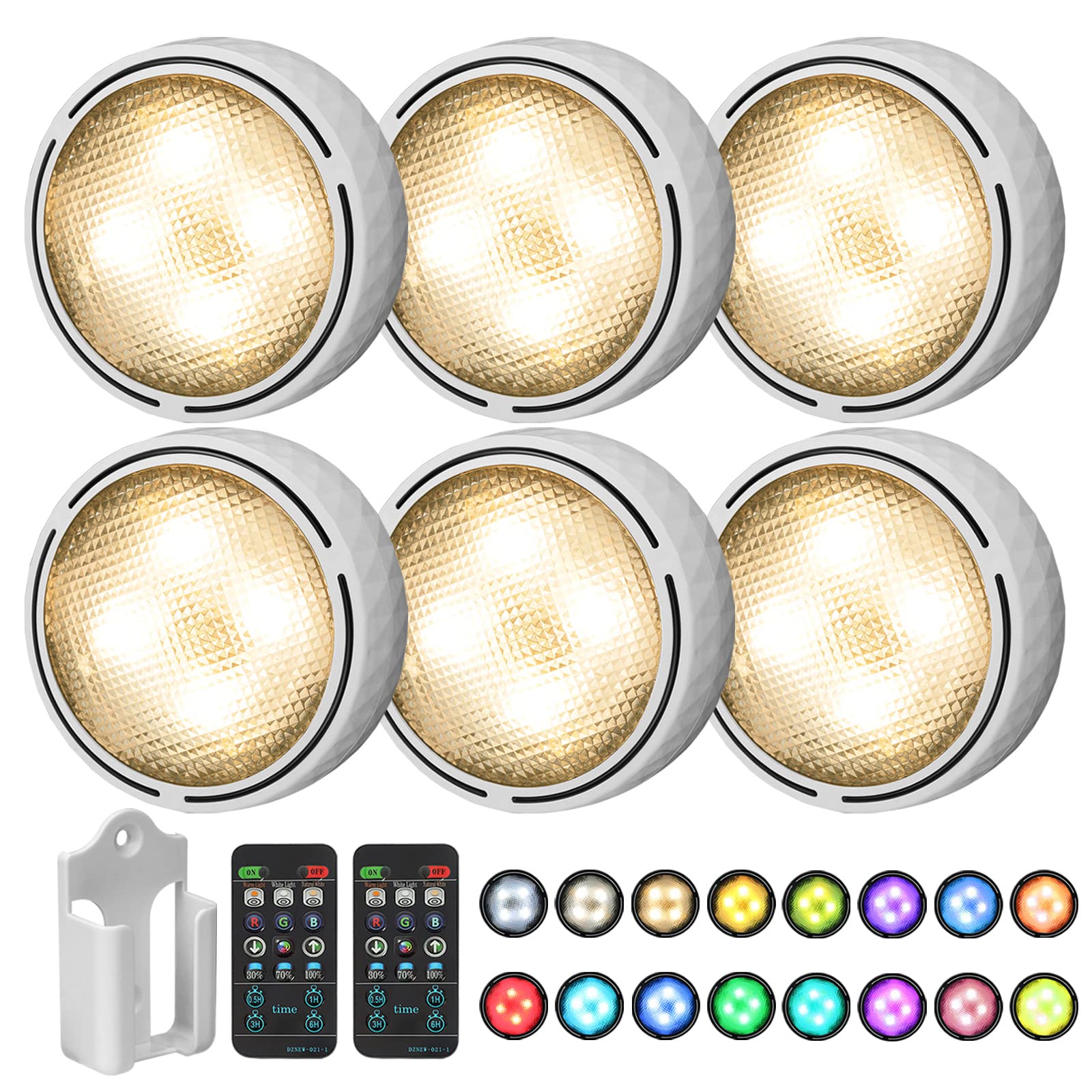 Onumii LED Puck Lights, 16 Color Changing, Dimmable, Battery Operated, 6 Pack, White, Remote Control for Under Cabinet Use