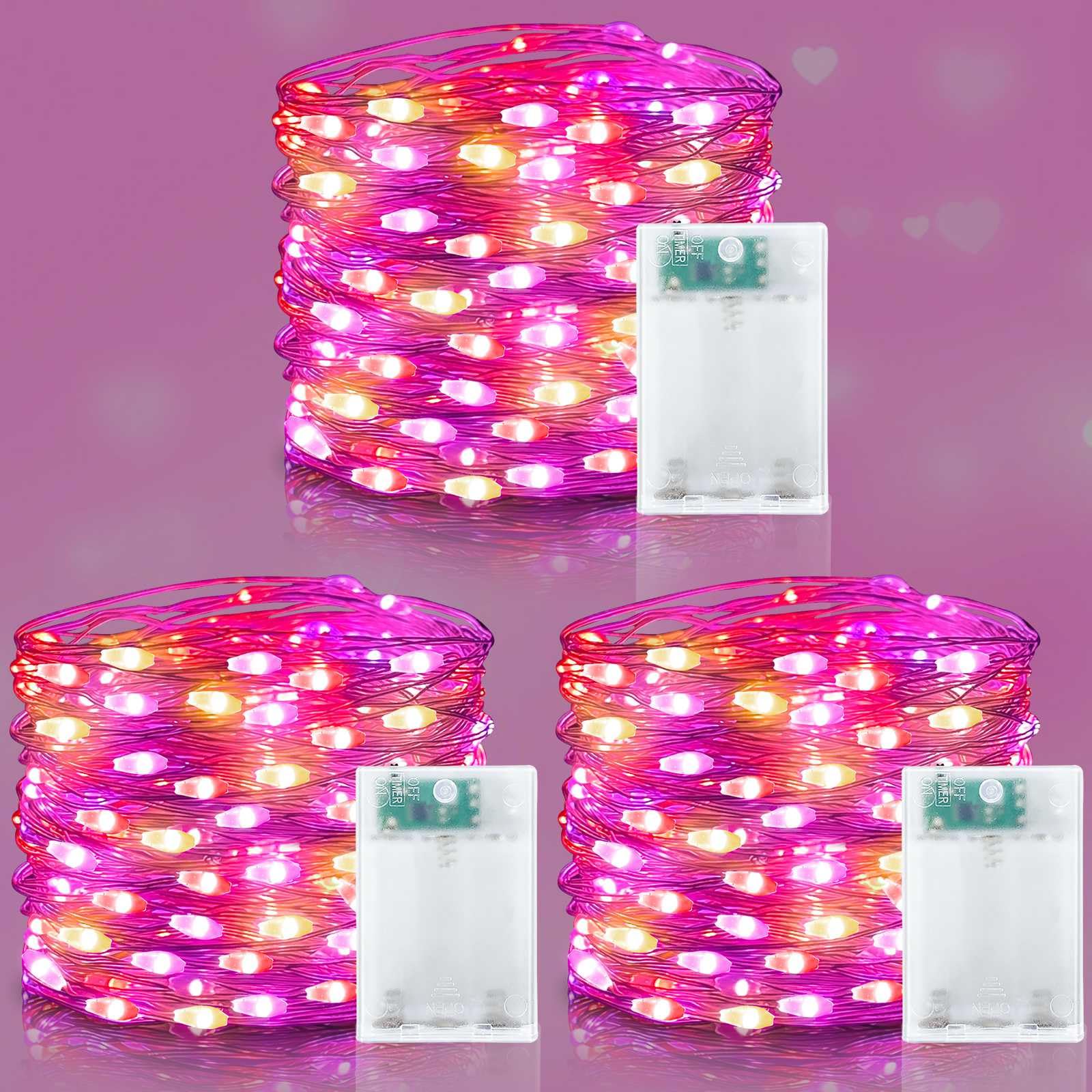 [Timer] 3 Pack Three Color -Pink & Red & White Valentines Fairy Lights Valentine's Day Decorations, Battery Operated Valentine's