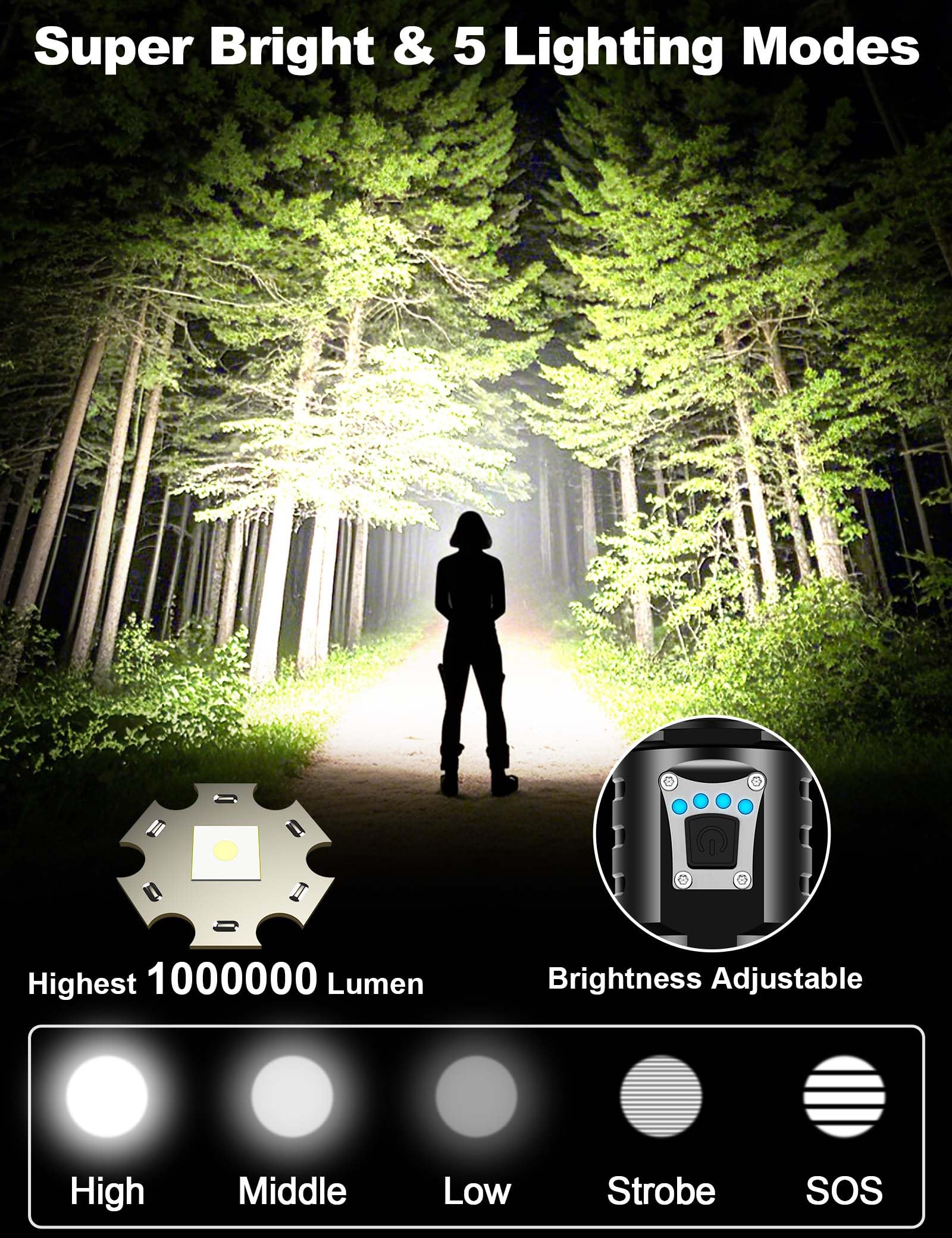 Phixton Rechargeable Flashlights High Lumens 1000000 Super Bright Long Range 3280Ft, Long Lasting 15H Powerful Usb C Led Strong