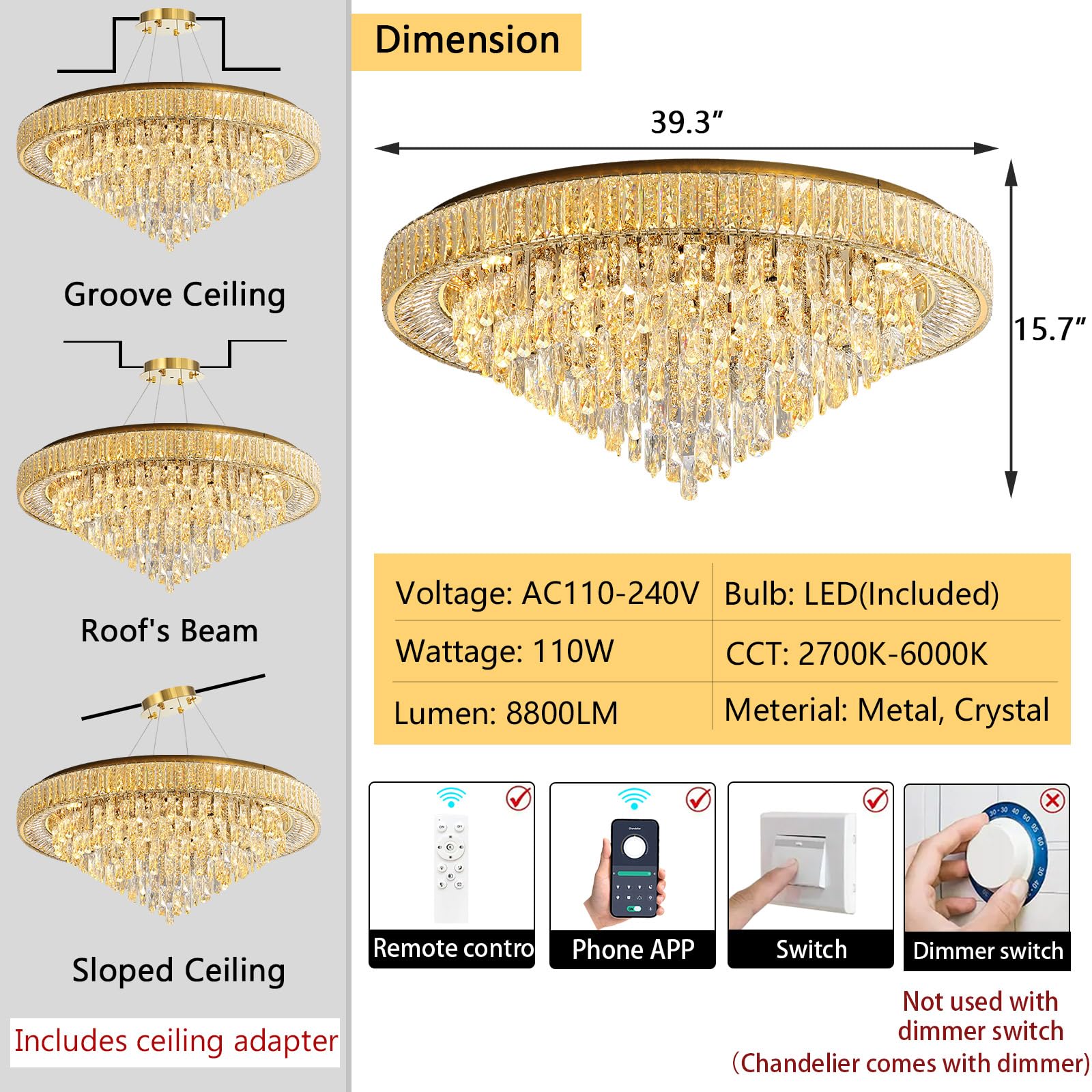 dolria Modern Crystal Flush Mount Chandelier, LED Dimmable, 39.3'' Width, Gold, Model PC1019-100G for Living Room & Bedroom