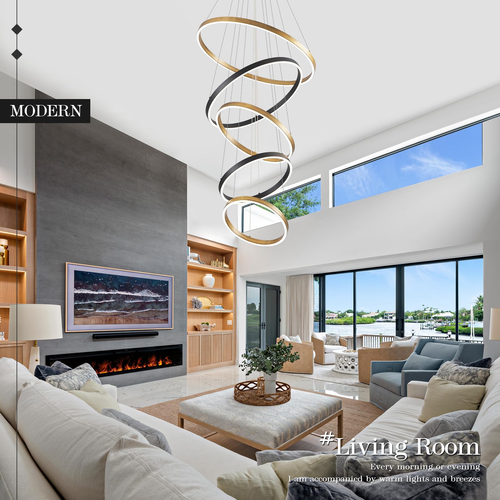 CaraLuxe LED 5-Ring Chandelier, Modern Vintage Gold, Remote Control, 24in Size, Metal, Black Gold, Model 21