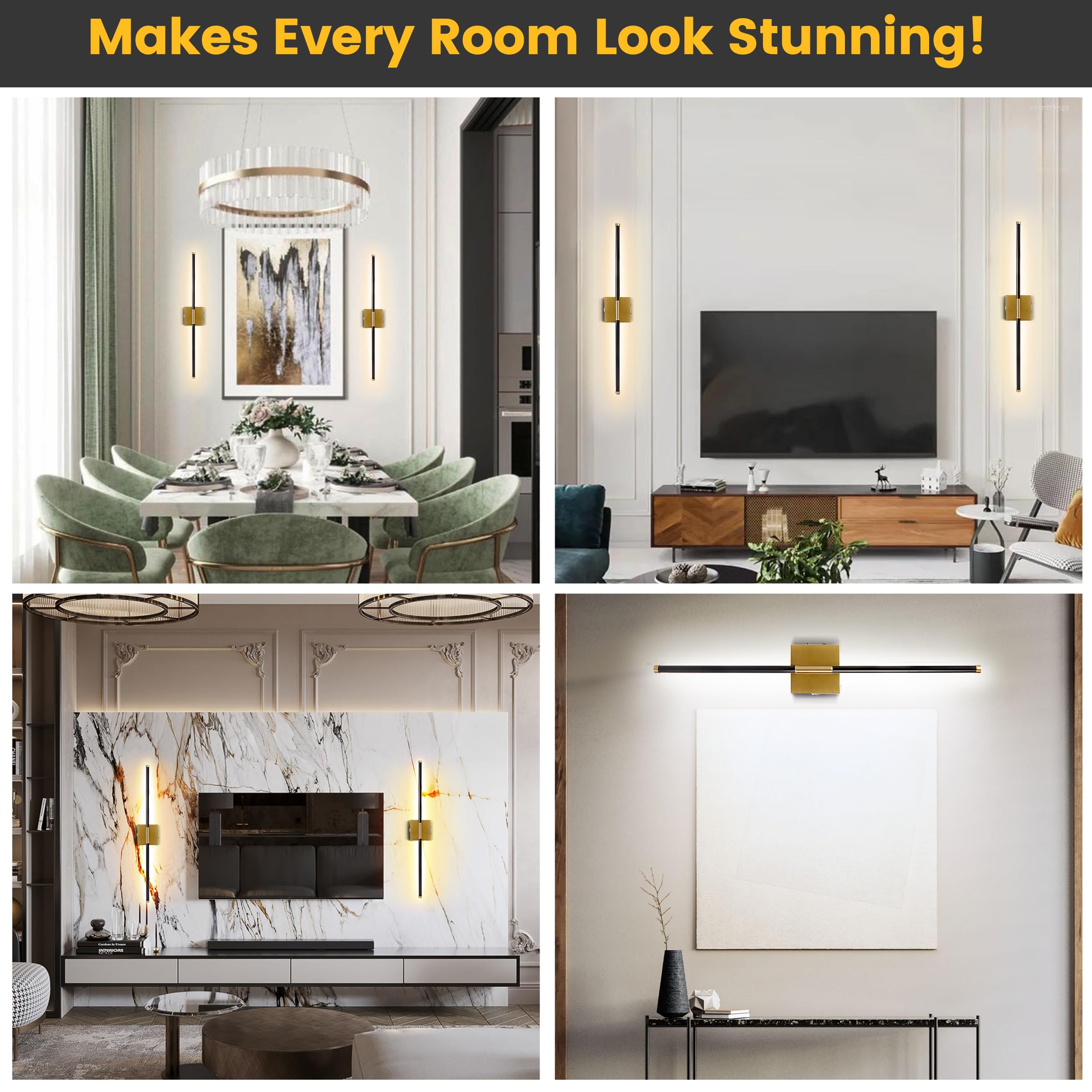 Battery Operated Wall Sconces with Remote Control Dimmable Wall Sconces Set of Two 350?Rotate 3000K LED Brass Gold and Black Wir