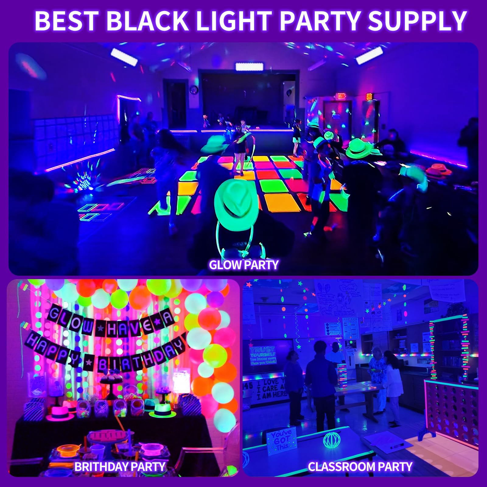 TigQiang 100W Black Light Bar, 105 LEDs, 3 Pack with Switch & 5ft Cord, Aluminum, Ideal for Glow in the Dark Party & Stage Lighting