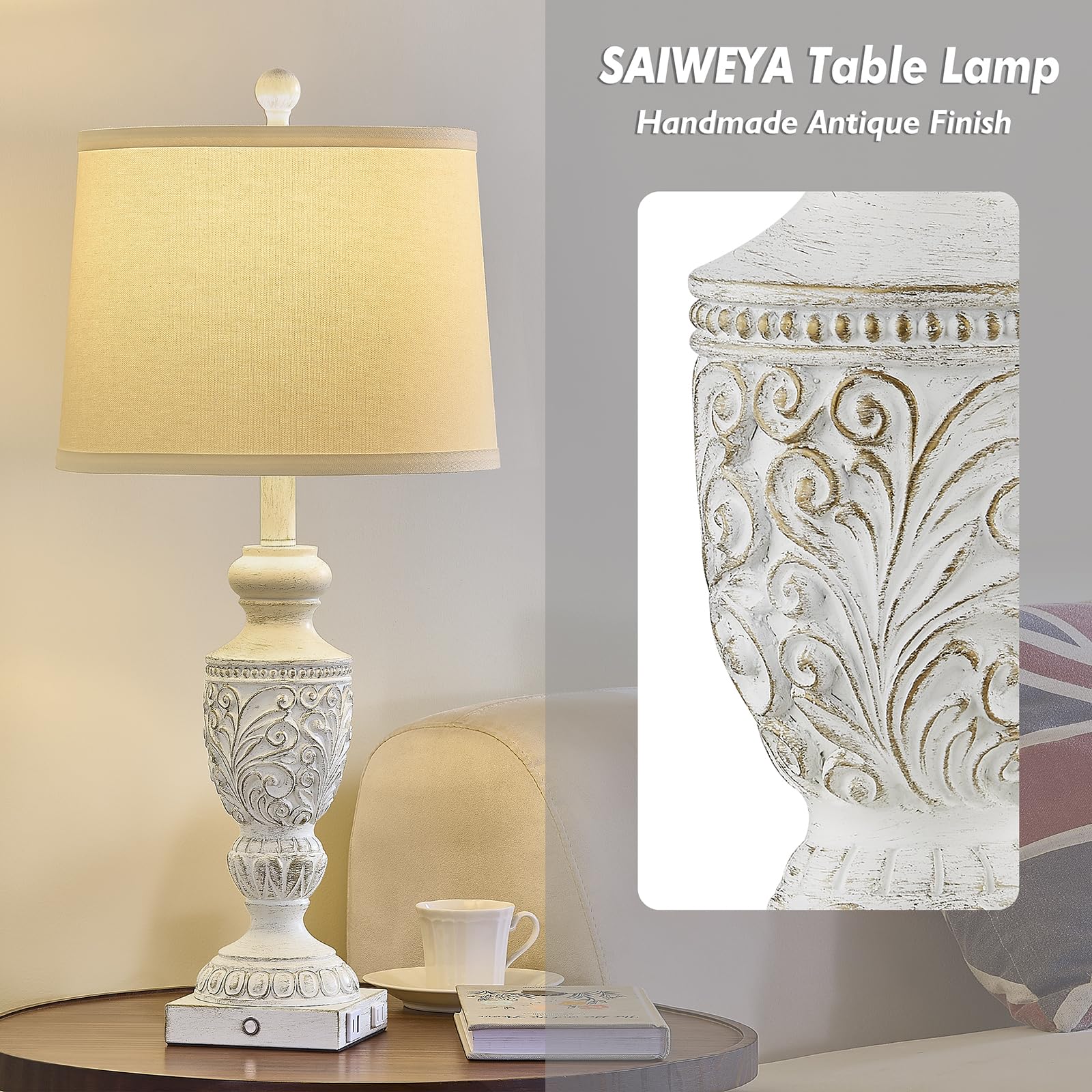 SAIWEYA Farmhouse Table Lamp Set of 2, 3-Way Dimmable Touch Control, Vintage Rustic Design, Whitewashed Gold, Model TM-T05