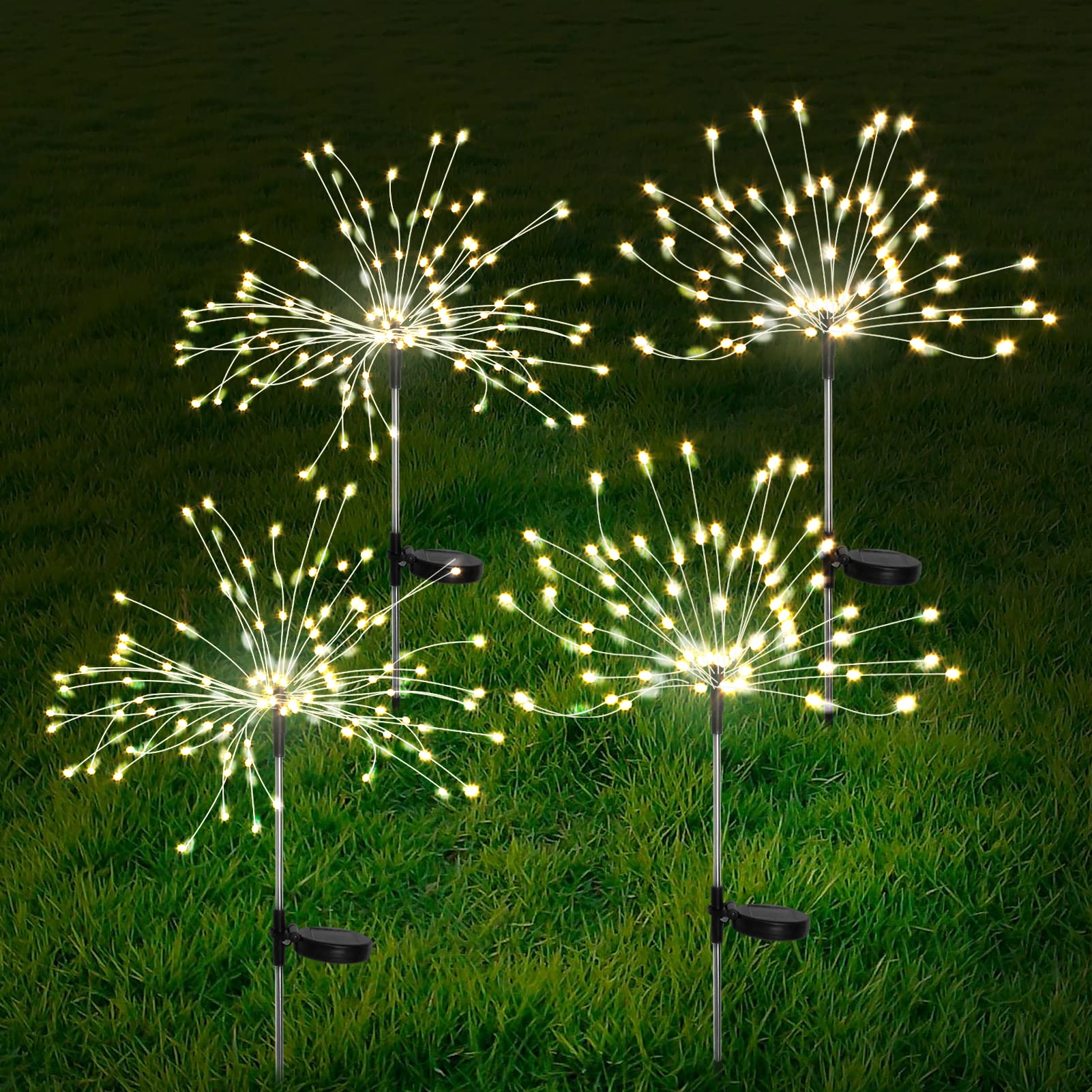 FOOING 4 Pcs Solar Garden Lights Solar Firework Lights, 480 LED Solar Powered String Light 2 Modes Twinkling Solar Lights for Ga