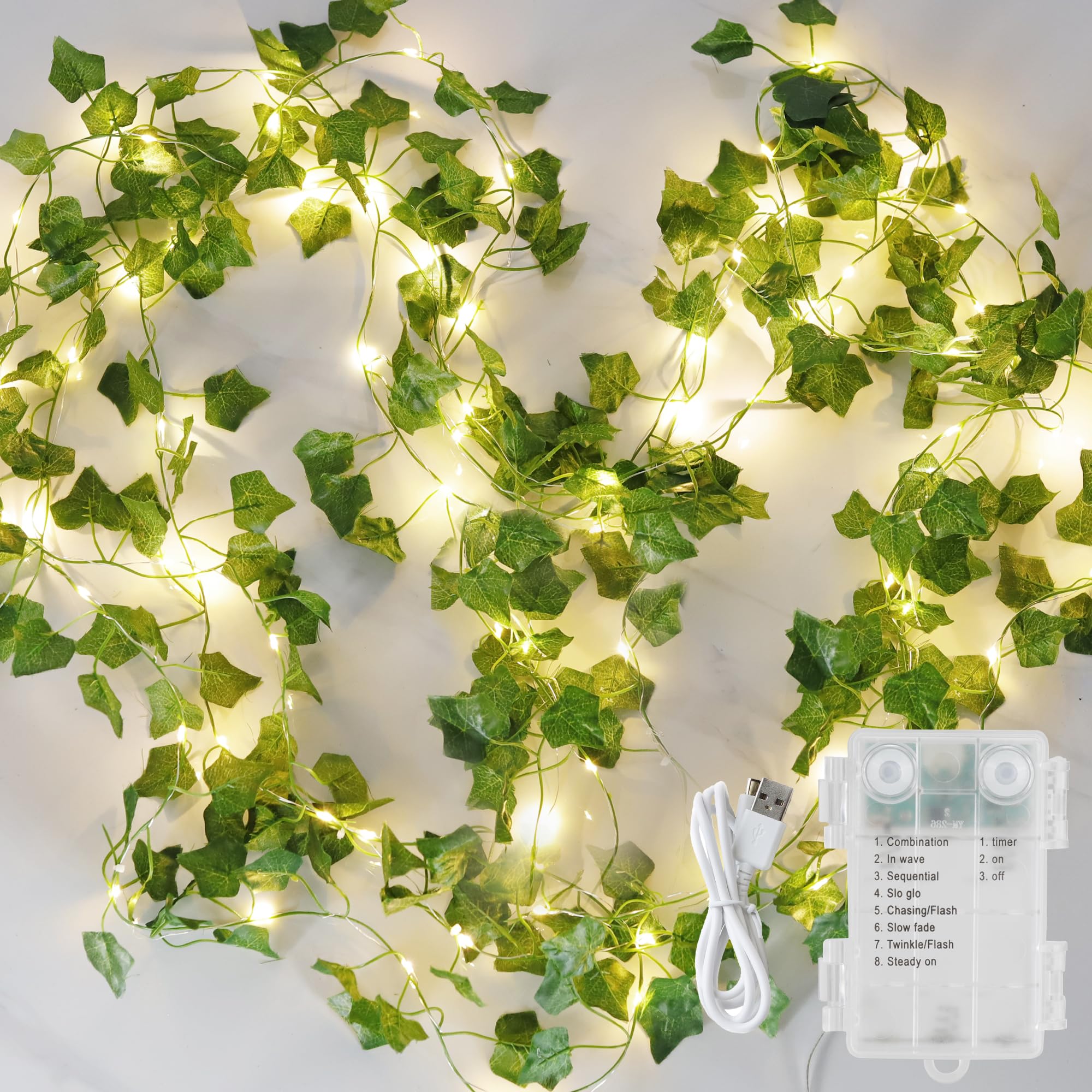 Qunlight Ivy String Lights with 73 LED, 23ft Battery Operated Fairy Lights, Warm White for Home Decor, Parties, Weddings