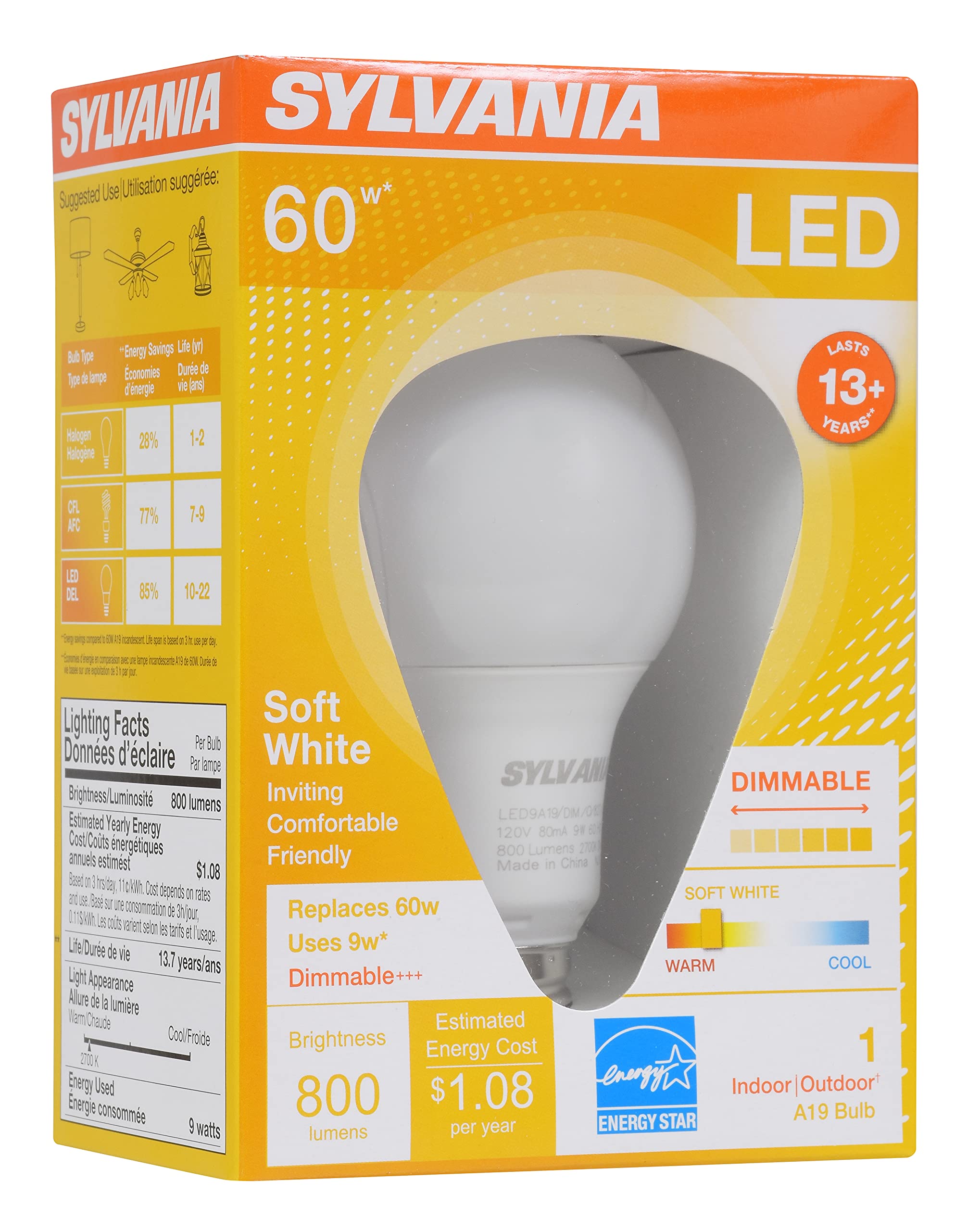 LEDVANCE SYLVANIA A19 LED Light Bulb, 9W, Dimmable, 800 Lumens, Soft White, 2700K, 1 Pack, Model 746