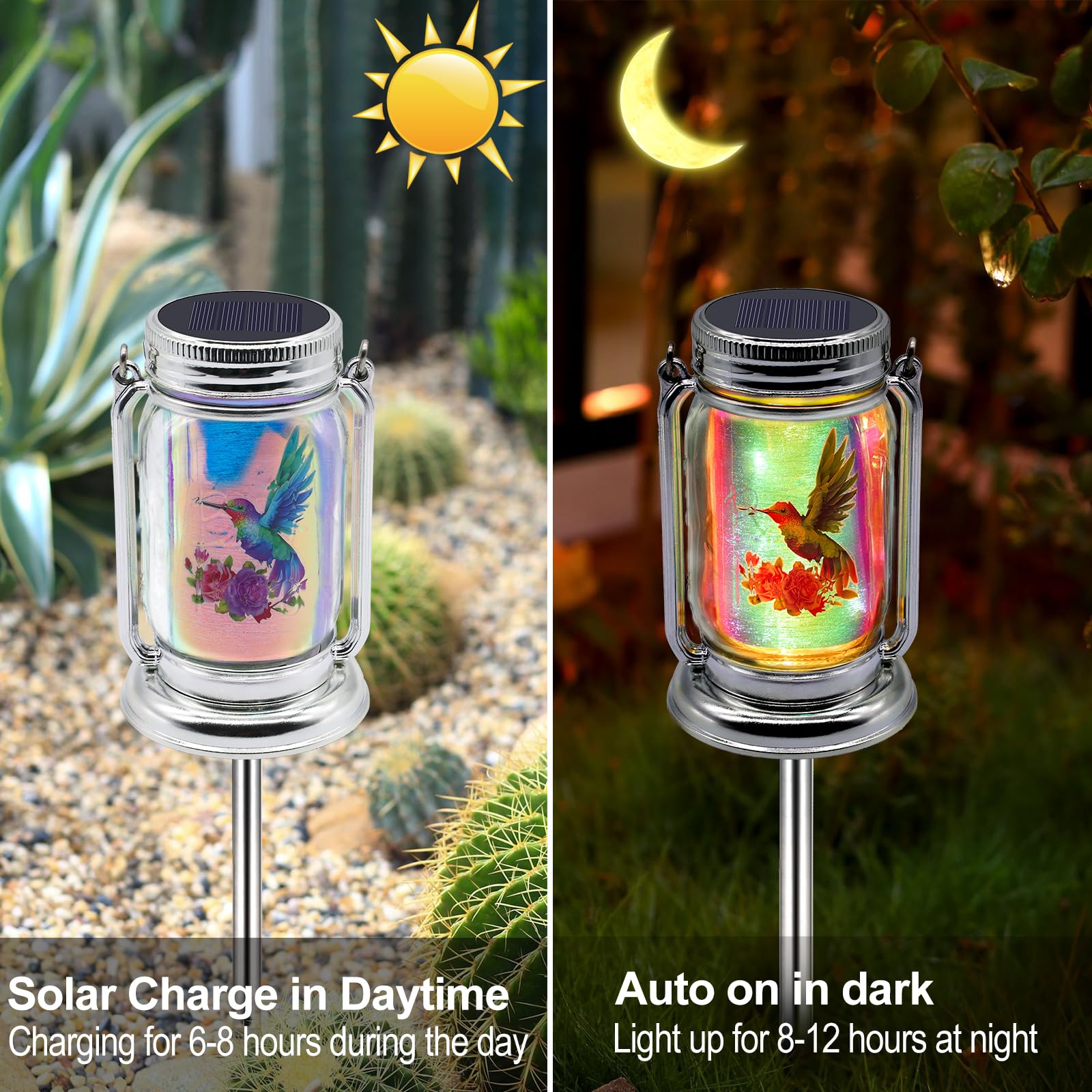 2 Pack Hummingbird Solar Outdoor Lanterns, Gifts For Women Mom Grandma, Vintage Glass Mason Jar Solar Fairy Lights, Waterproof G