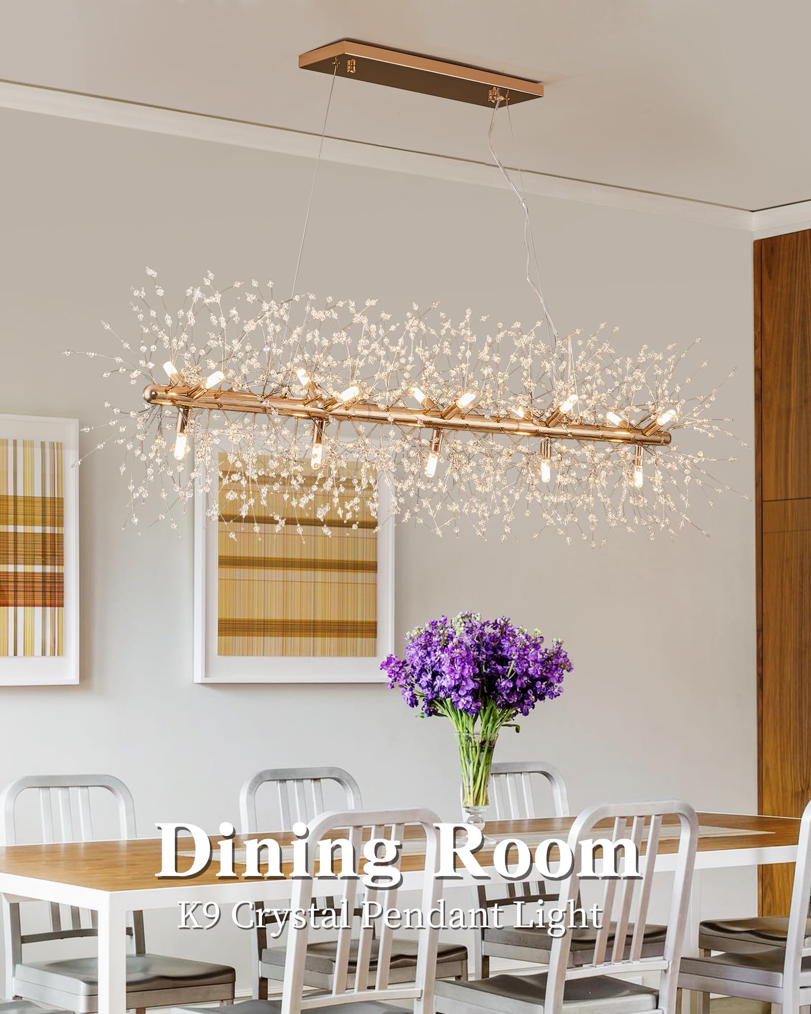 Modern 47.2'' Modern Gold Crystal Firework Chandelier, 15-Light Pendant Light Fixture, Rectangle Linear Sputnik Dandelion Chande