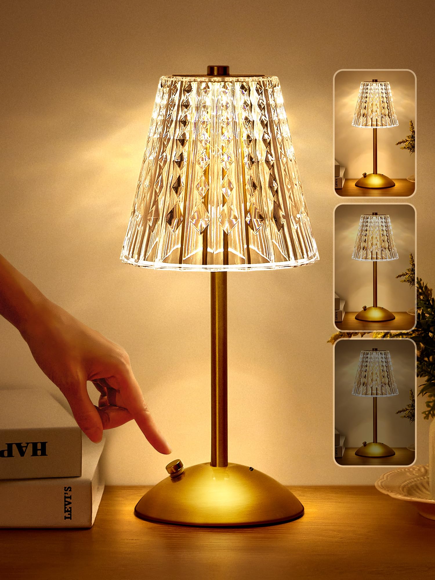 Cordless Lamp, 2000mAh Rechargeable Lamp, Dimmable+3 Colors Touch Lamp Small lamp, Battery Operated Lamp Cordless Table Lamp, Cr