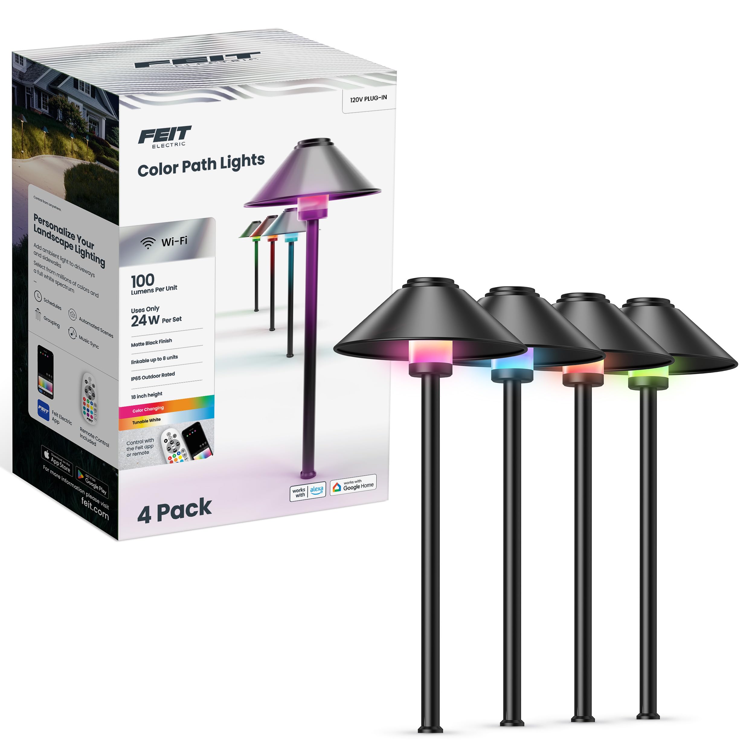 Feit Electric Smart Outdoor Cone Path Lights, 100 Lumens, Color Changing & Tunable White, Music Sync, Works with Alexa & Google