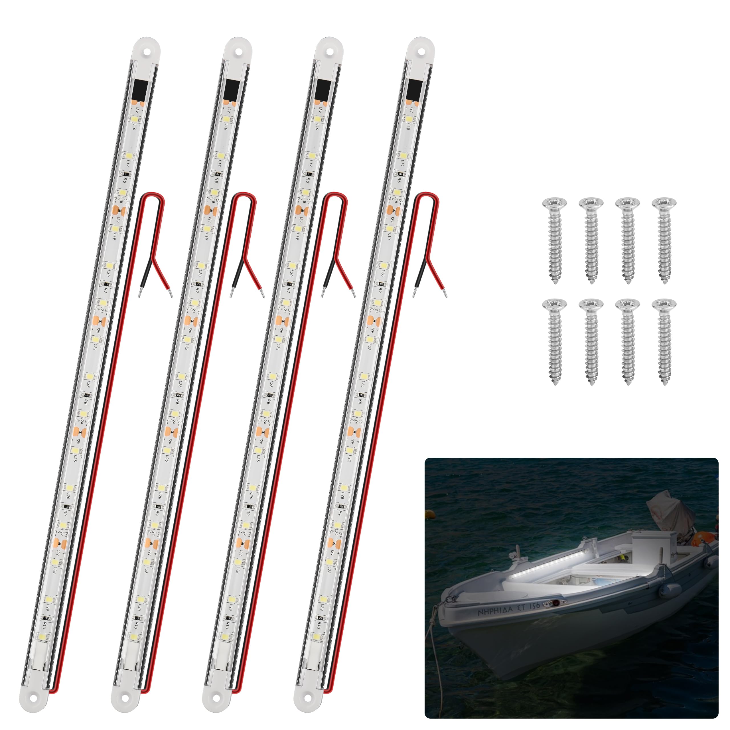 RVZONE LED Boat Interior Lights, Waterproof Marine Strip Lights, 4 Pcs, 11.8 Inch, White, Model Boatlight01