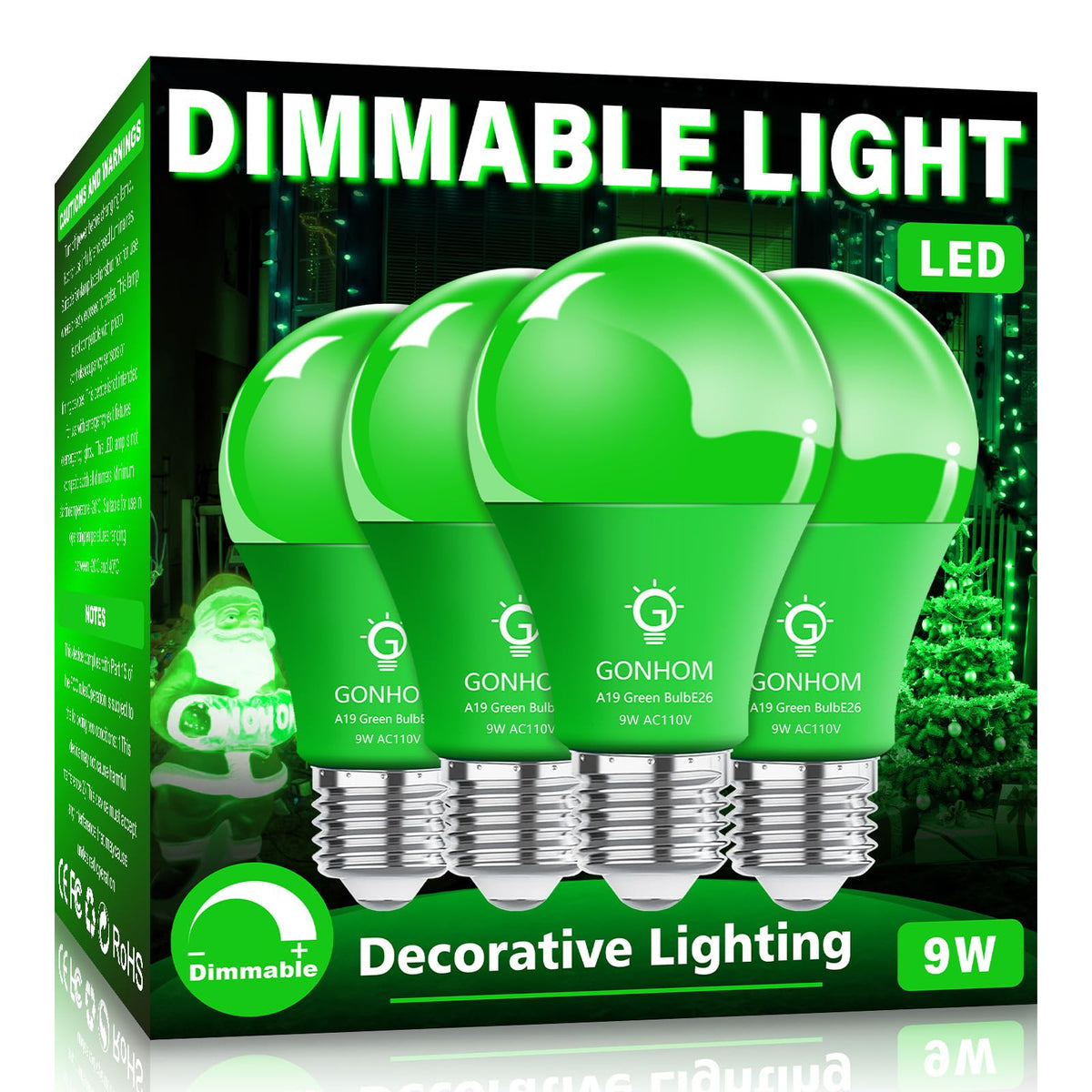 Gonhom 4 Pack A19 Led Green Light Bulb,9 Watt Green Lights Equivalent 100 Watt Colored Light Bulbs,E26 Base Green Led Lights For