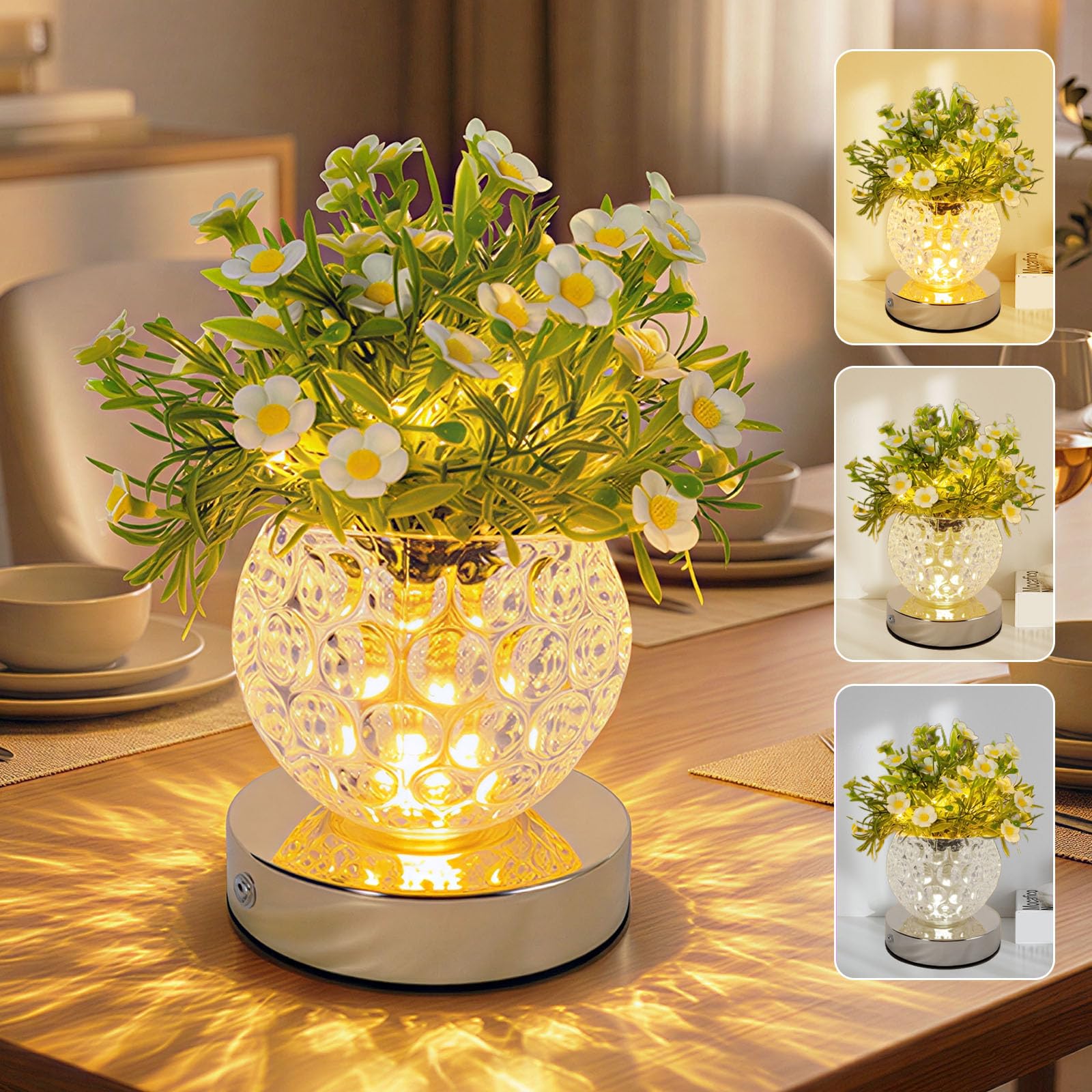 Strackvial Flower Table Lamp, 3-Color Touch Dimming Heronsbill Glass Night Light, Rechargeable Artificial Flower Light, Desktop 