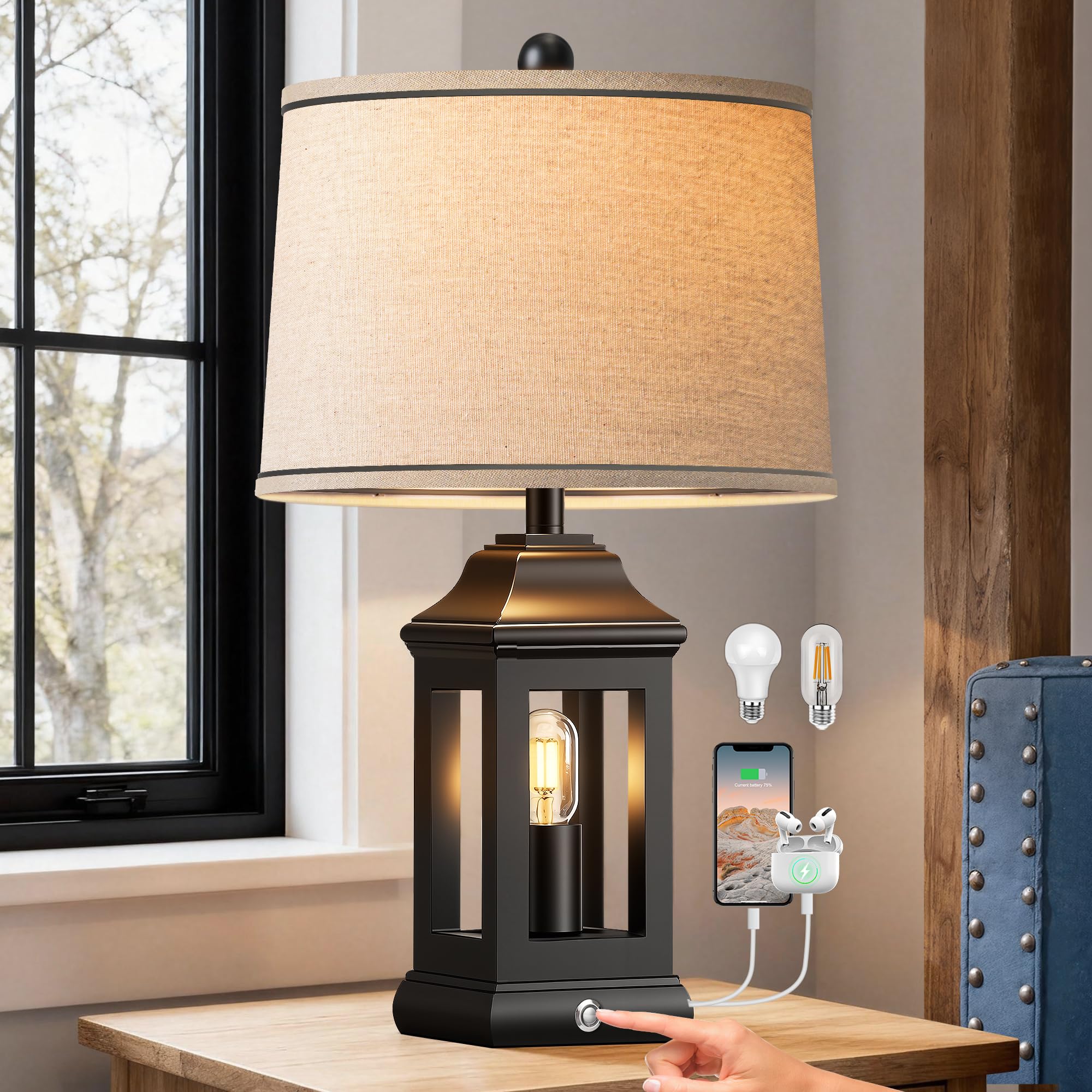 24 Rustic Farmhouse Table Lamps for Living Room, Single Pack Touch Dimmable Nightlight Vintage Bedside Lamps with USB A+C Ports 