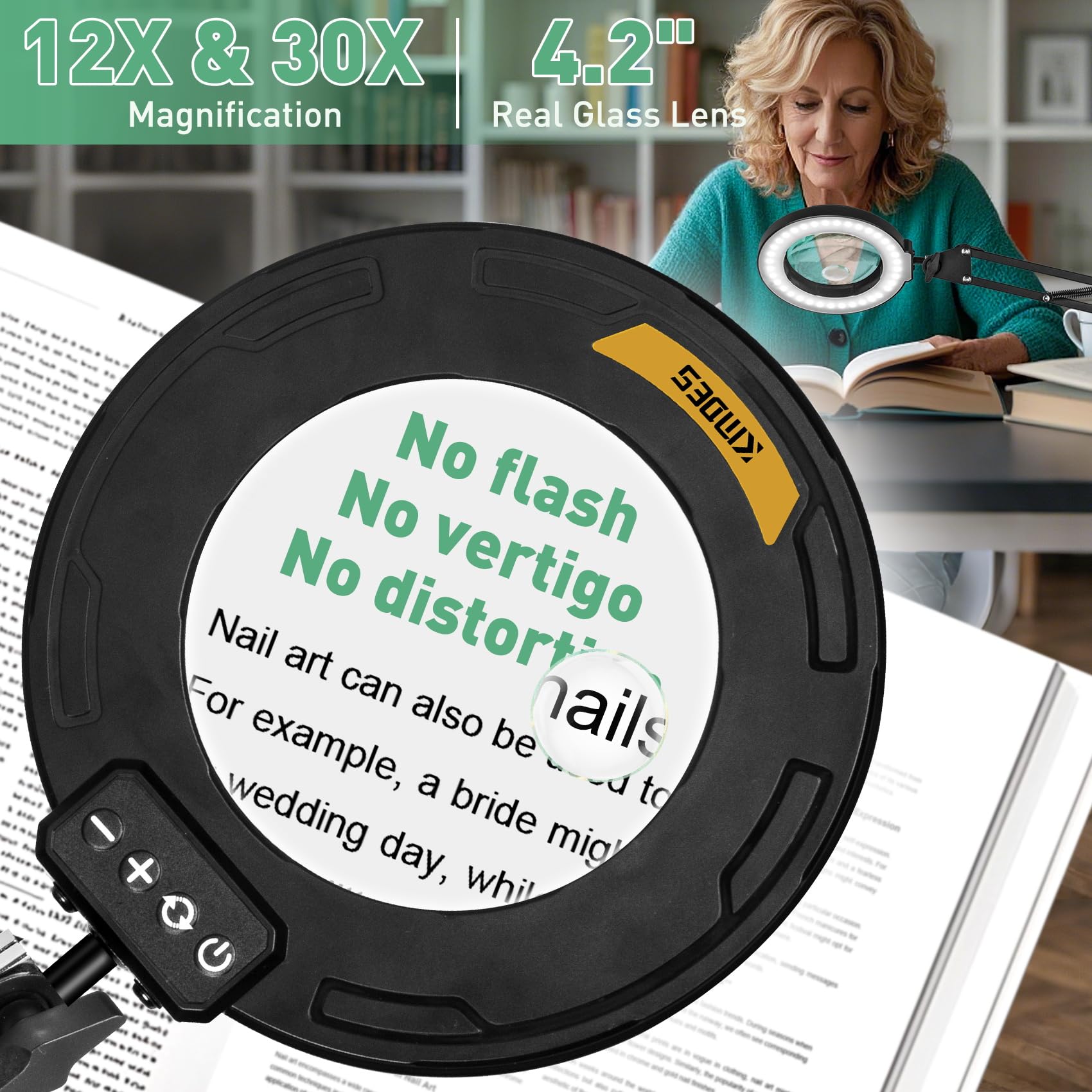 Kmdes 12X & 30X Magnifying Glass With Light, Ultra Long 3 Section Swing Arm Led Desk Lamp With Large Clamp, 5 Color And Brightne