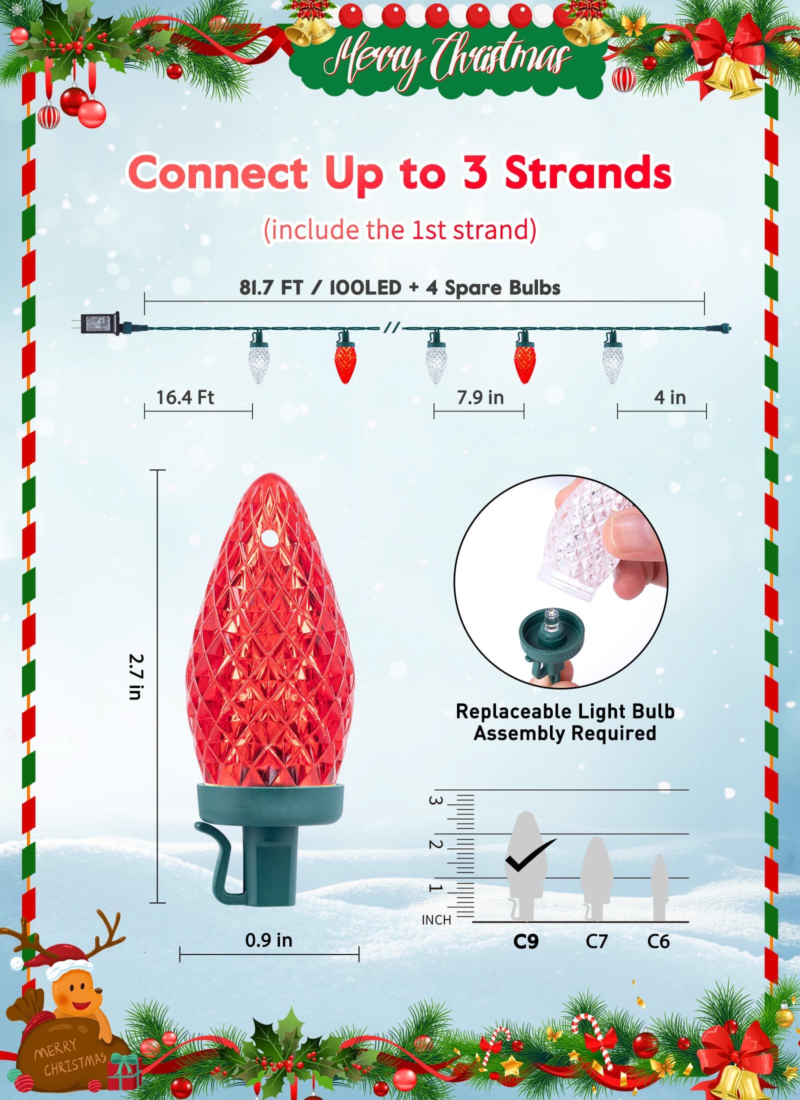 Minetom C9 LED Christmas String Lights - 82ft, 100 LEDs, Red and White, with Timer and 8 Modes for Outdoor Holiday Decoration