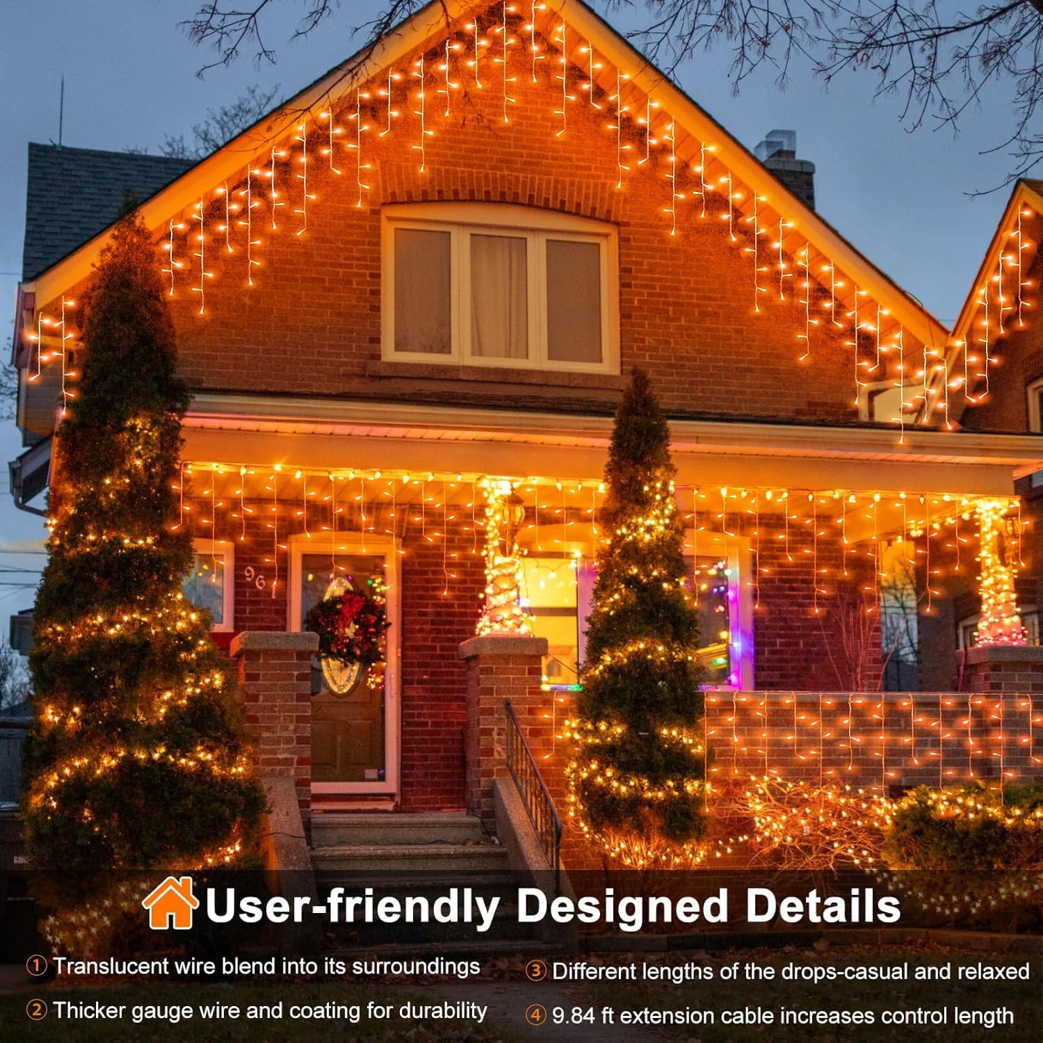 66Ft Orange Christmas Lights Outdoor, 640 Led Icicle Lights For Outside Indoor Twinkle Lights With Connectable Clear Wire 8 Mode