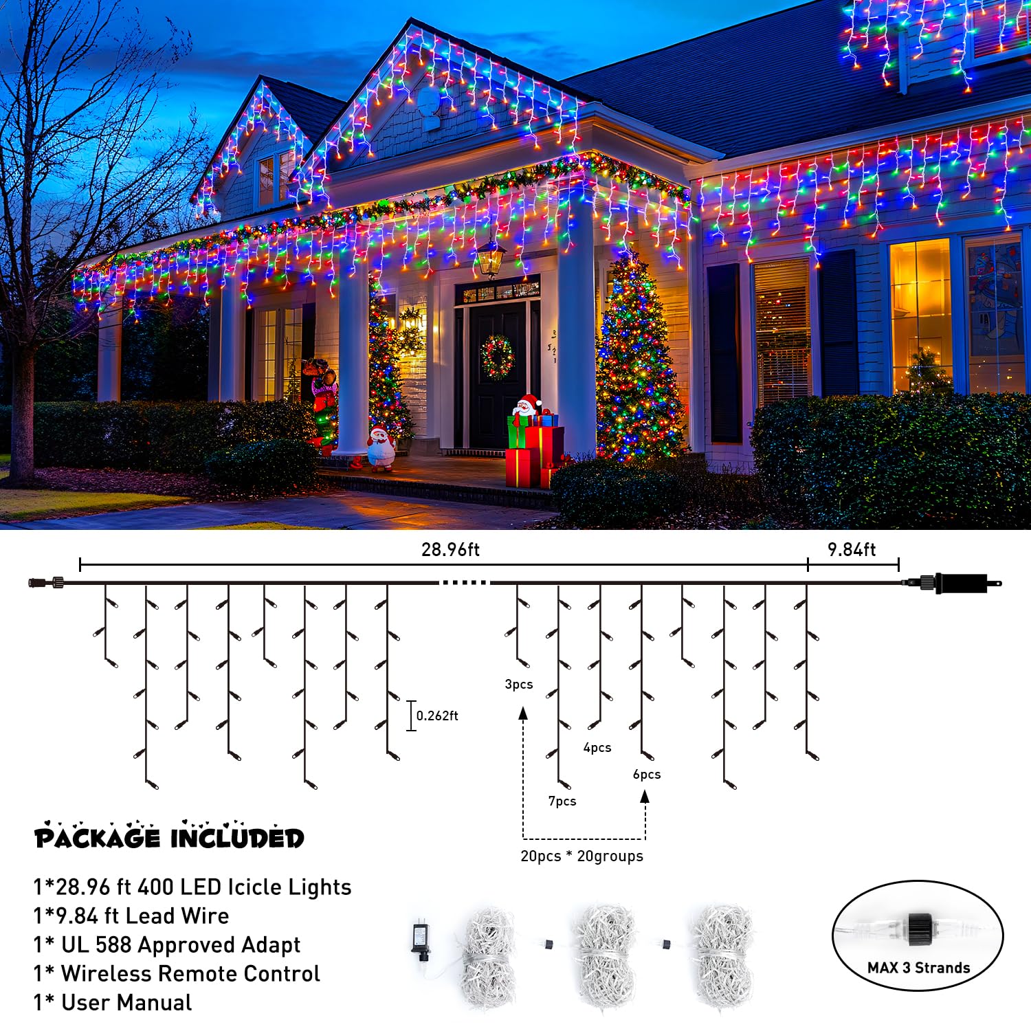 Jmexsuss 400 Led 38.8Ft Icicle Christmas Lights With Remote, Outdoor Multicolor Icicle String Lights Plug In, 8 Mode Icicle Ligh