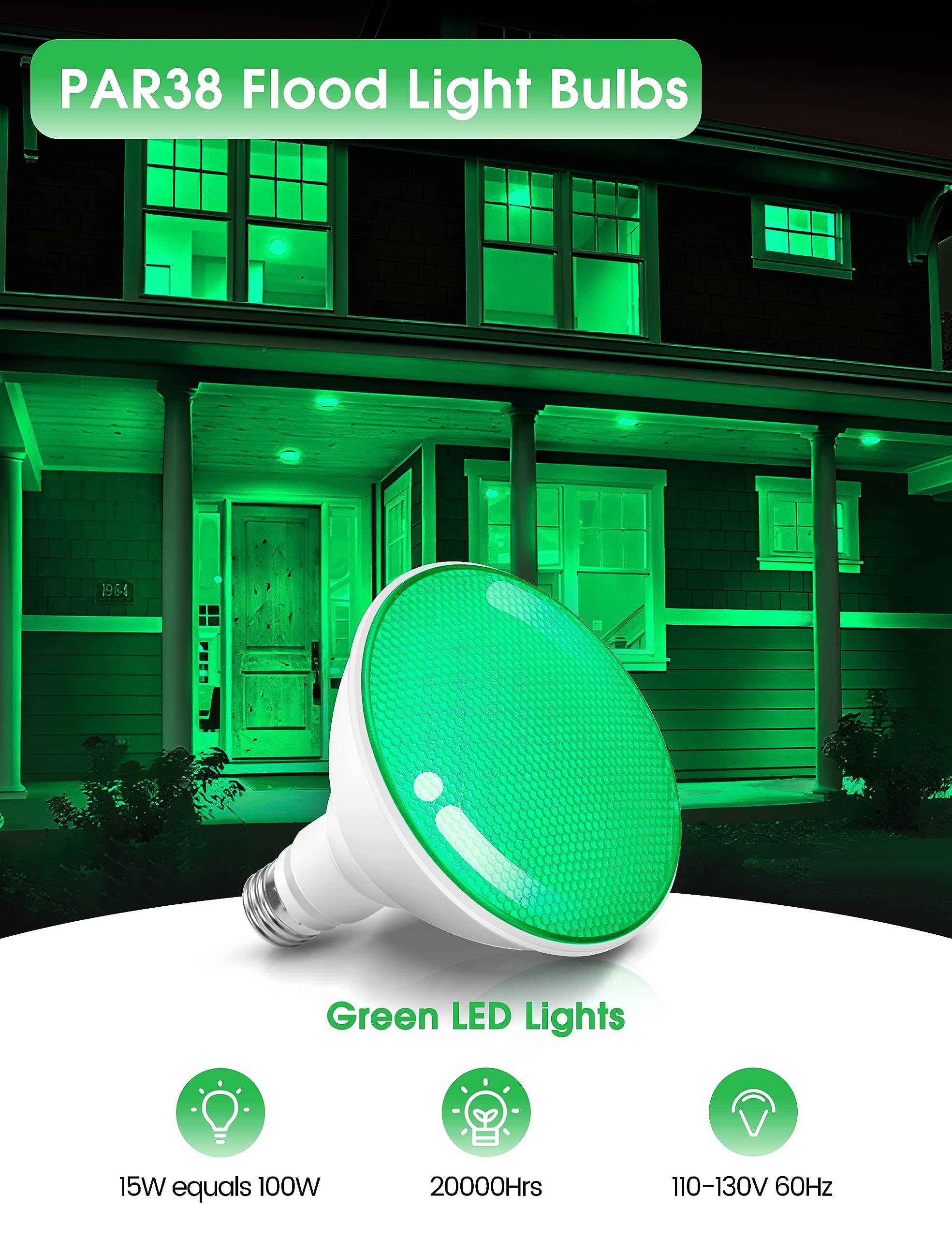 Fulighture Green Flood Light Bulbs 2 Pack  Par38 15W(100W Equivalent) E26 Led Flood Green Lights Bulbs Outdoor Not-Dimmable  Colored Light Bulbs For Christmas Decor  Porch Home Lighting
