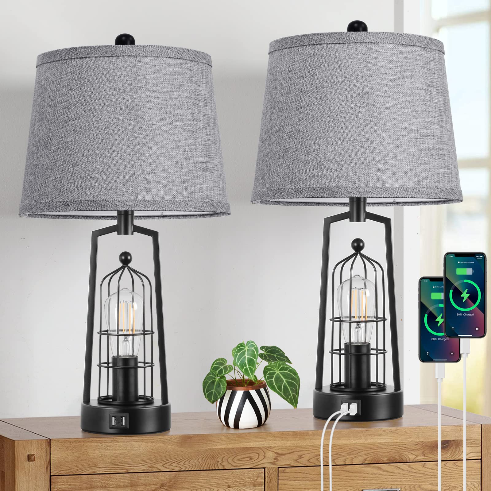 Brightever Farmhouse Table Lamps Set of 2, Metal, Gray, 2 USB Ports, JT2026, Rustic Industrial Design for Living Room and Bedroom