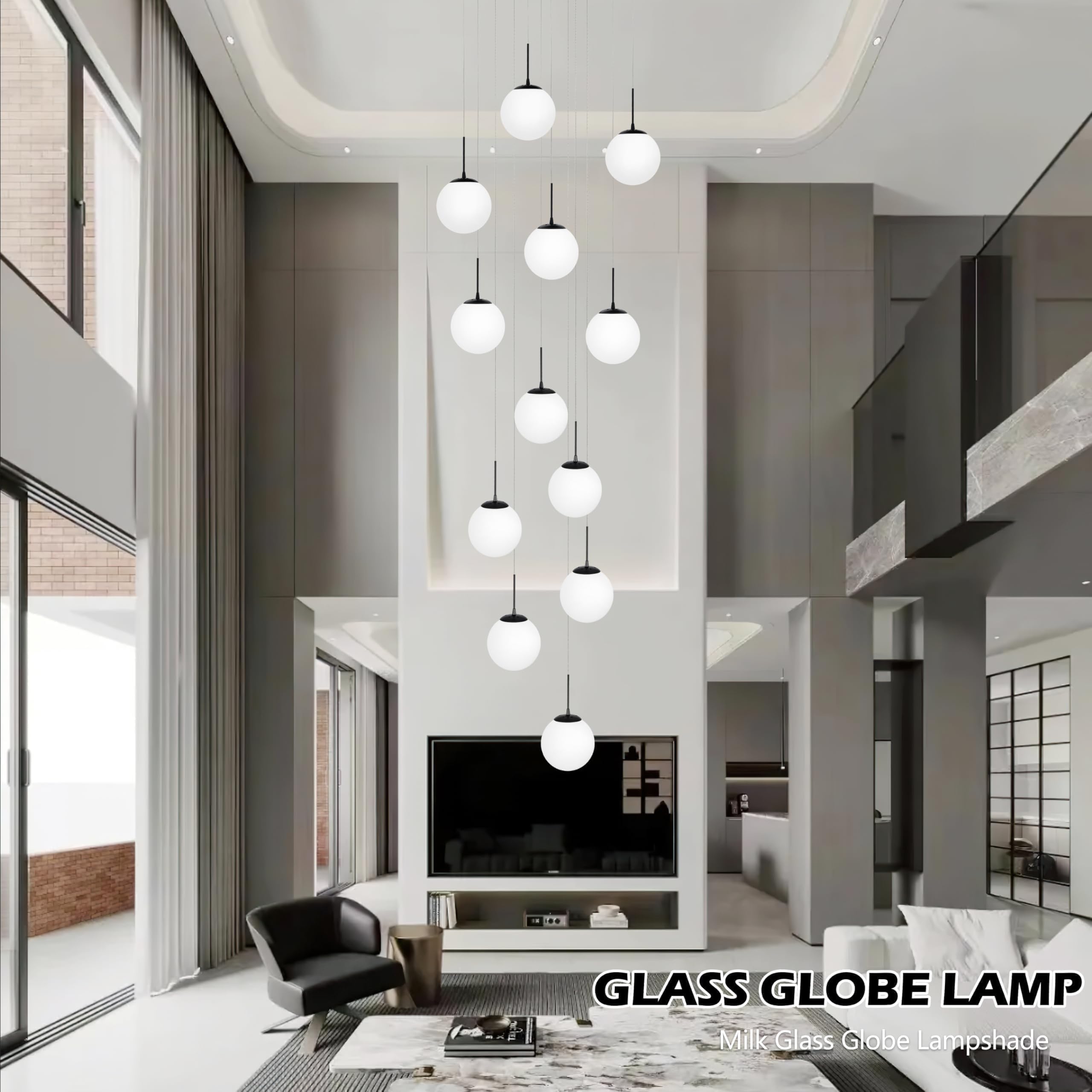Koko&Yukina 12-Light Black Mid Century Modern Chandelier For Living Room Staircase Chandelier For Entryway Globe Milky White Gla