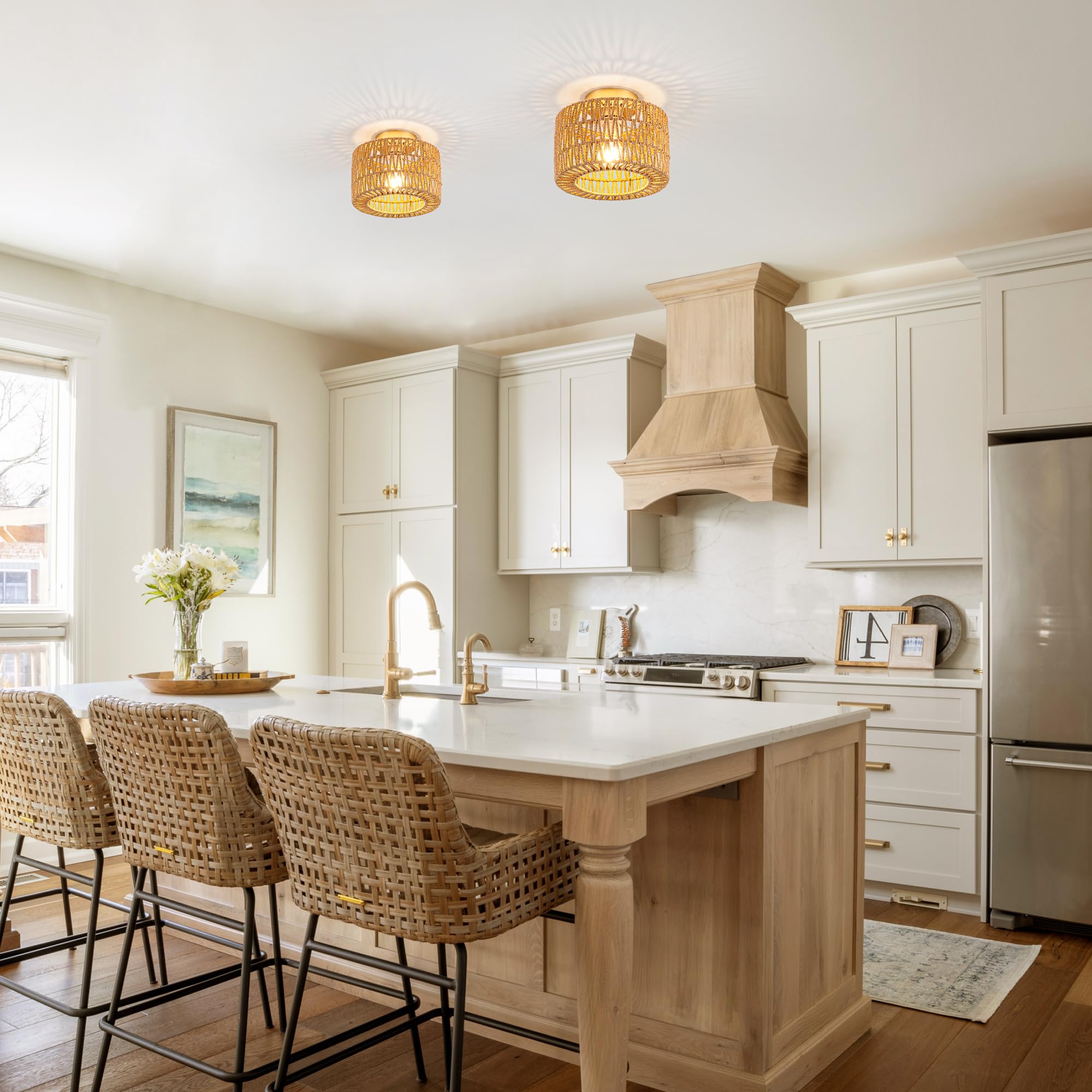 Rattan Ceiling Light, 1 Light Bohemian Modern Woven Flush Mount Ceiling Light, Boho Light Fixture For Bedroom Living Room Dining